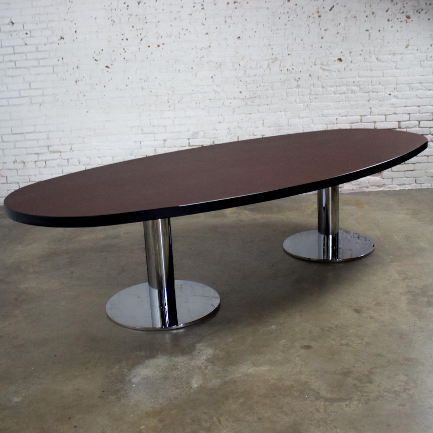 Veneer Modern Oval Dining or Conference Table Chrome Cylindrical Double Pedestal Base For Sale