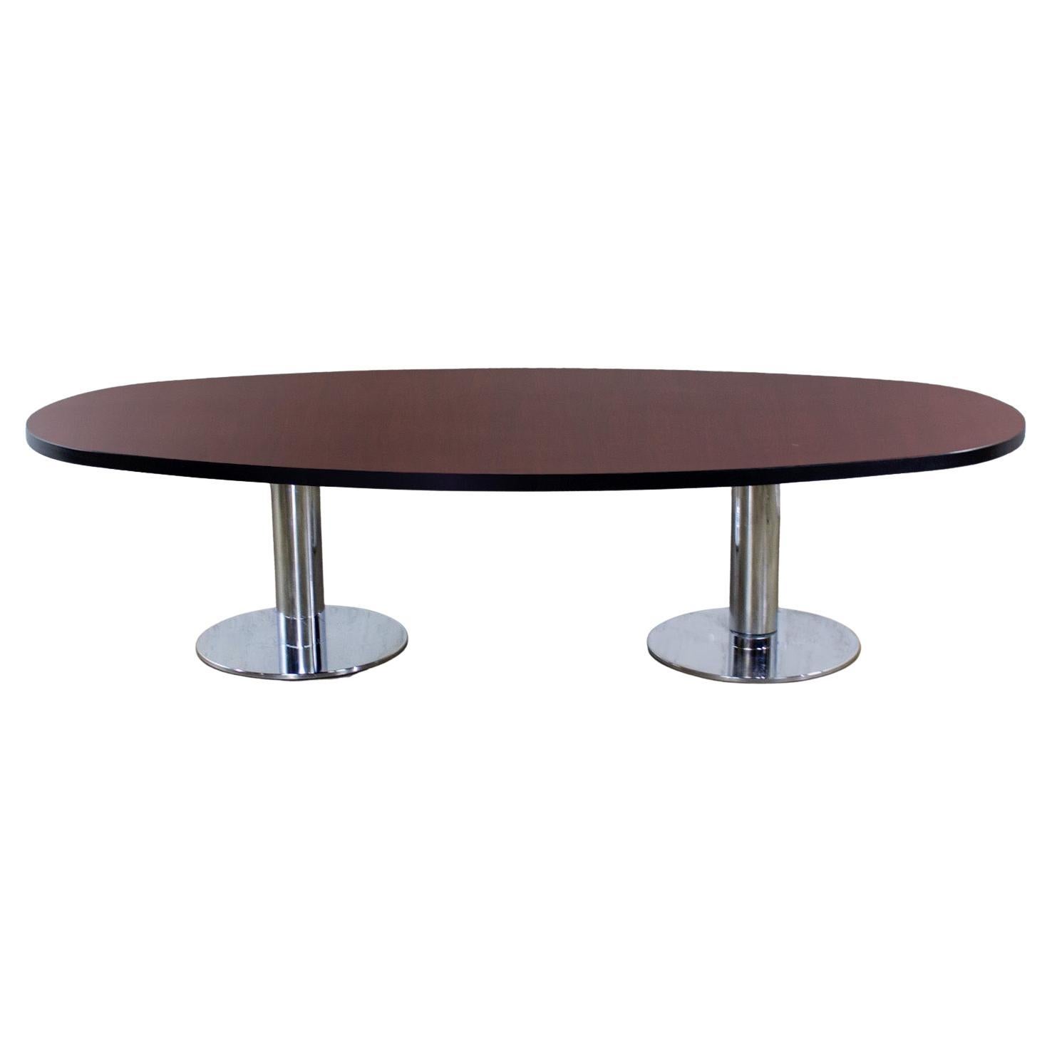 Modern Oval Dining or Conference Table Chrome Cylindrical Double Pedestal Base For Sale
