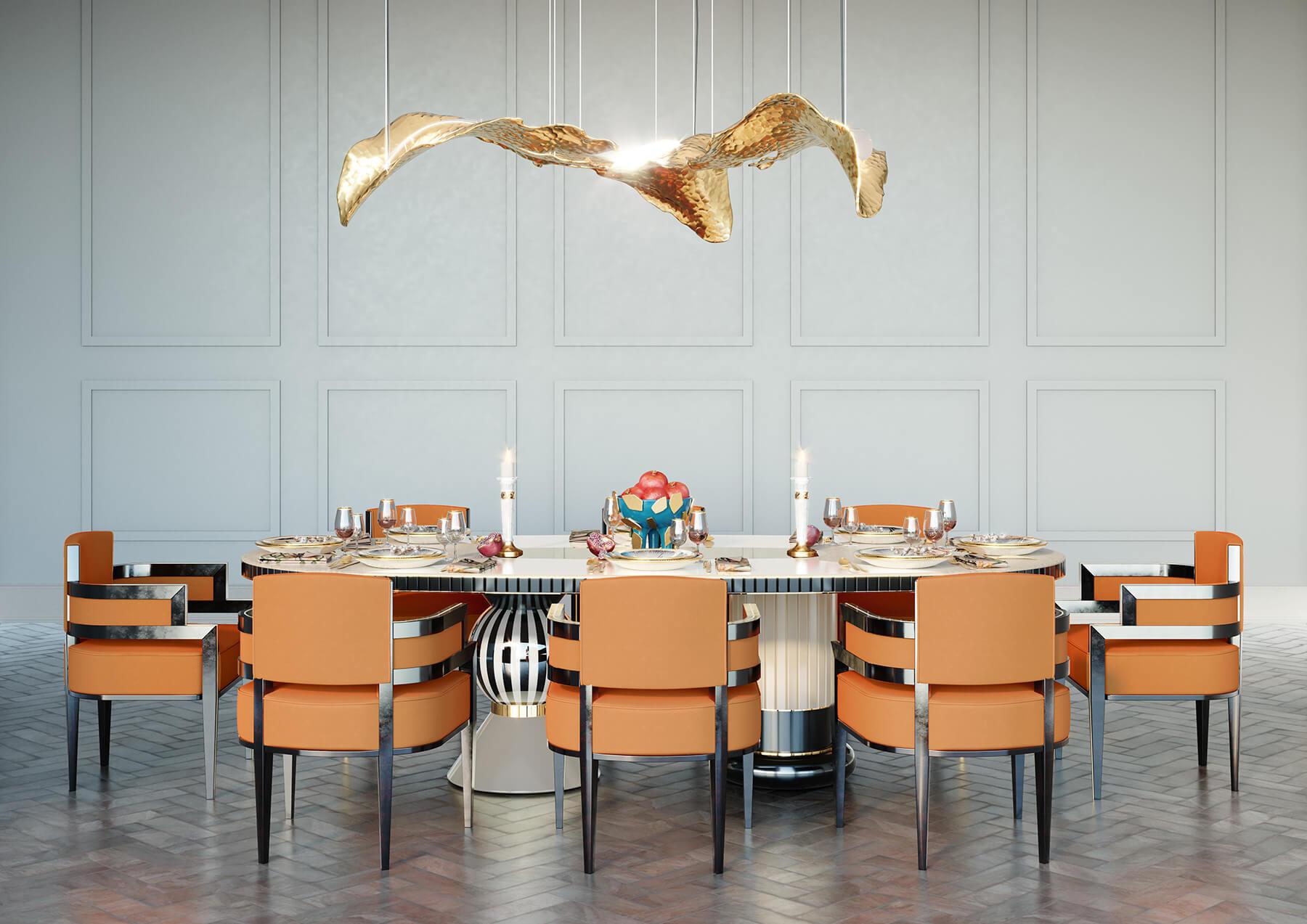 Portugais Table de salle à manger ovale moderne Plateau noir et blanc, détails en acier inoxydable doré en vente