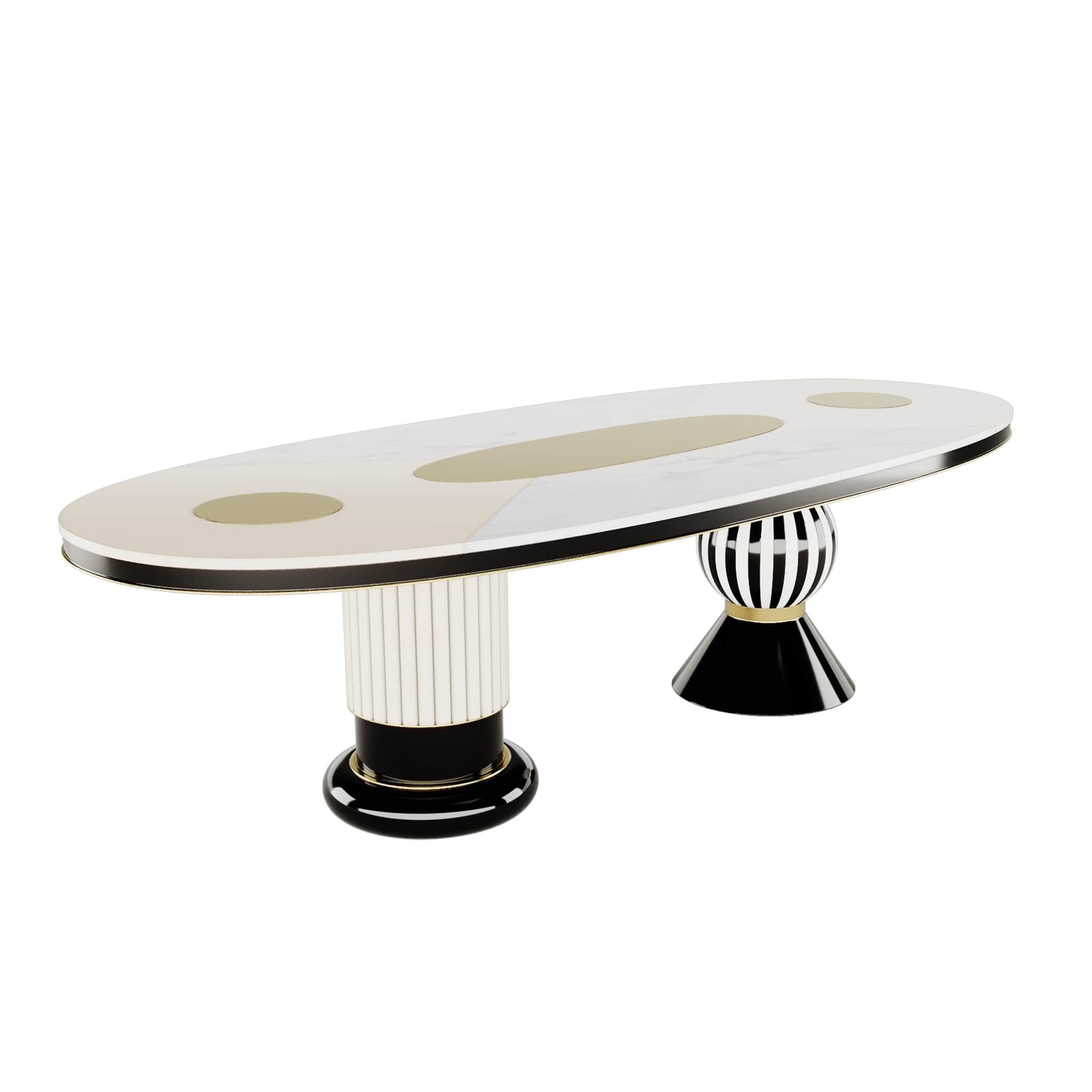 Modern Oval Dining Table Black & White Top, Gold Stainless Steel Details   Fuschia dining table
Fuschia dining table is a revivalism of the Memphis style’s charm and charisma. A white wood leaf top dining table with an accent design personality that