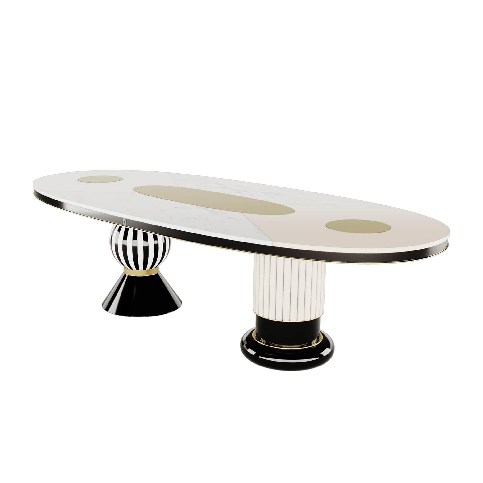 Modern Oval Dining Table Black & White Top, Gold Stainless Steel Details For Sale 3