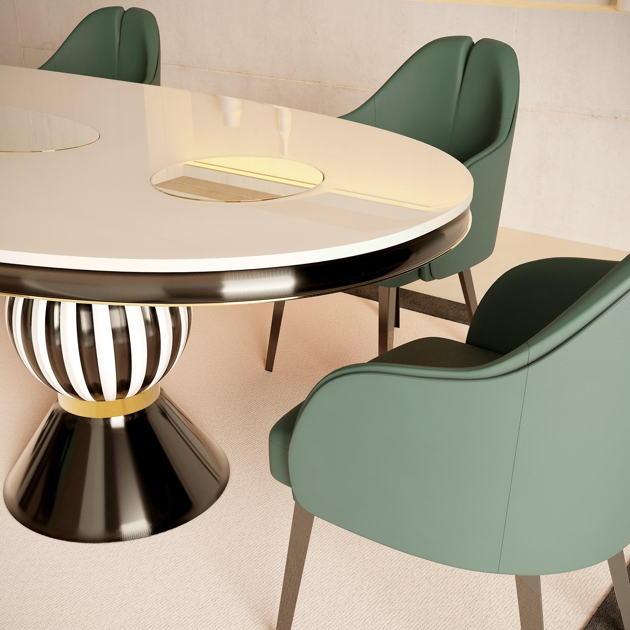 Table de salle à manger ovale moderne Plateau noir et blanc, détails en acier inoxydable doré en vente 1