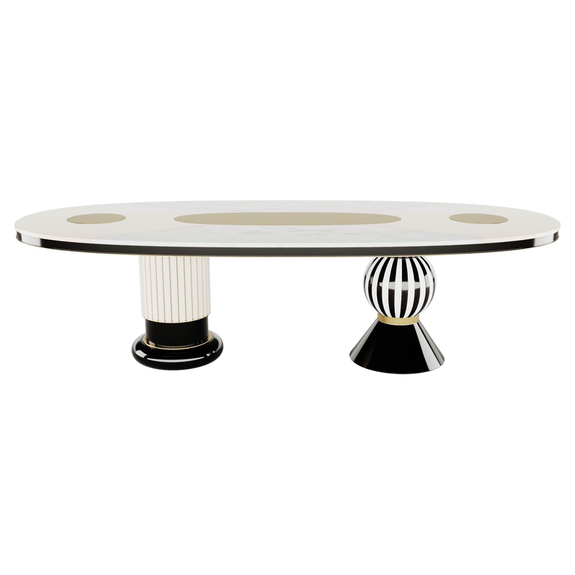 Modern Oval Dining Table Black & White Top, Gold Stainless Steel Details For Sale