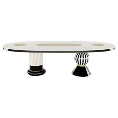 Antique Modern Oval Dining Table Black & White Top, Gold Stainless Steel Details