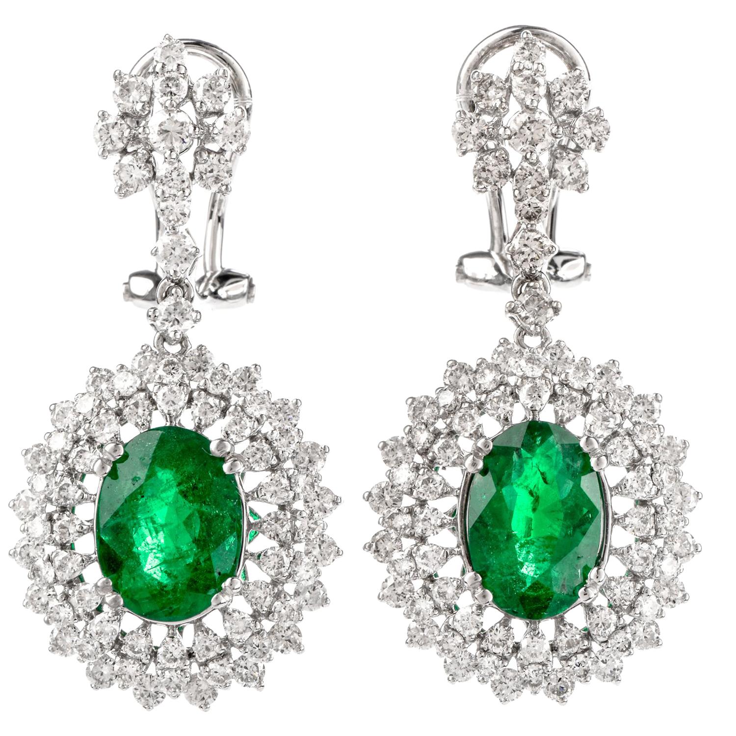 Modern Oval Emerald and Diamond 18 Karat Dangle Drop Earrings