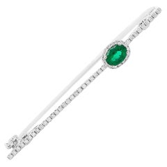 Modern Oval Emerald and Round Diamond Halo Square Bangle Bracelet 14K White Gold