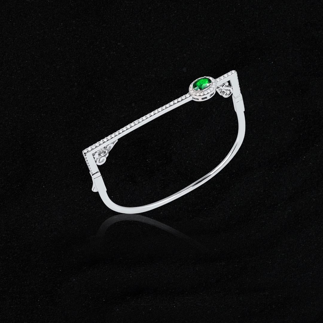 Contemporary Modern Oval Emerald and Round Diamond Halo Square Bangle Bracelet 14K White Gold