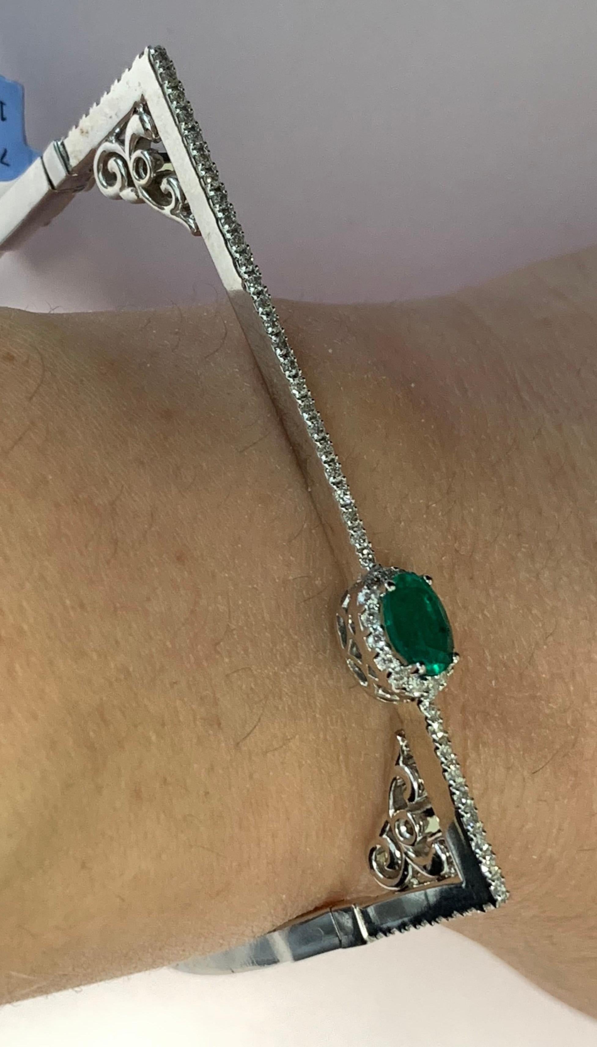 Modern Oval Emerald and Round Diamond Halo Square Bangle Bracelet 14K White Gold In New Condition In GREAT NECK, NY