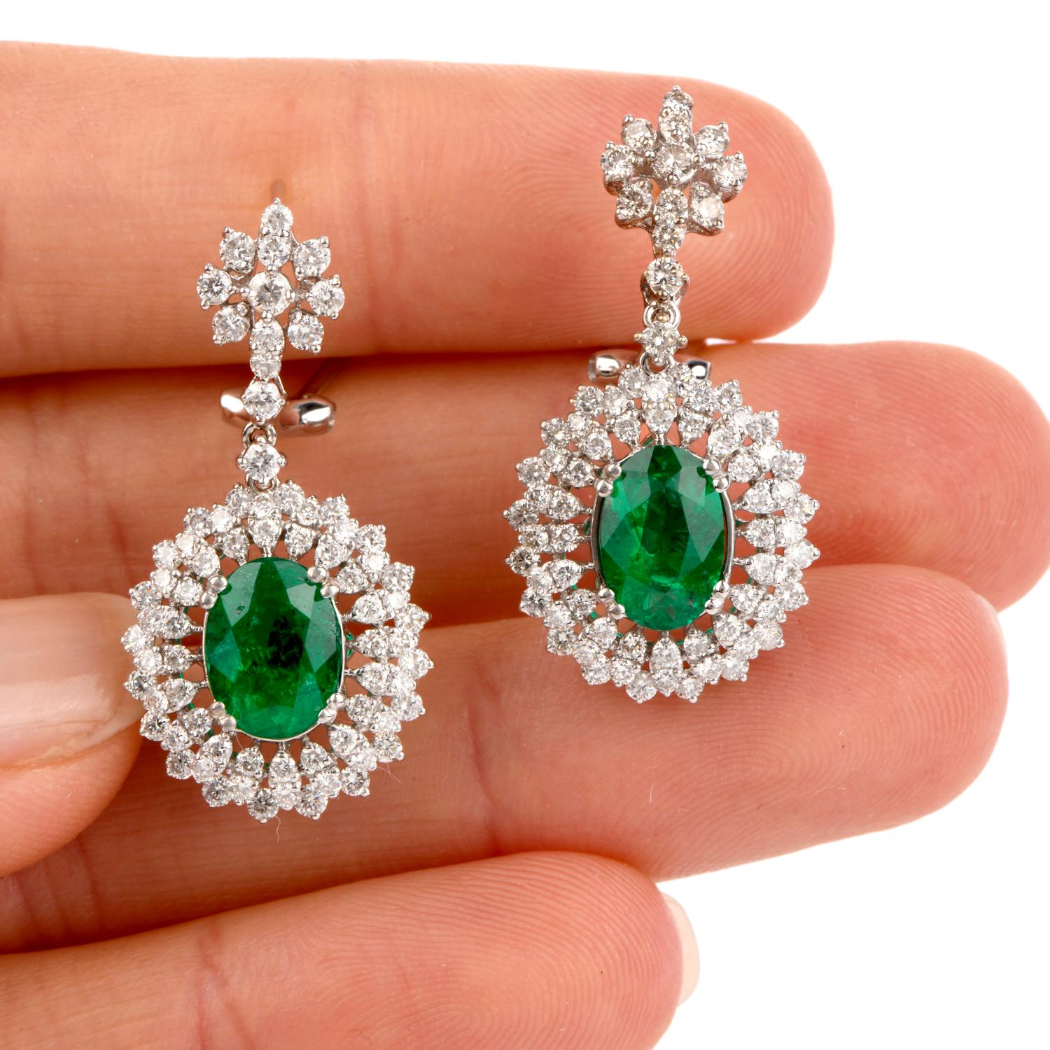 Oval Cut Modern Oval Emerald and Diamond 18 Karat Dangle Drop Earrings