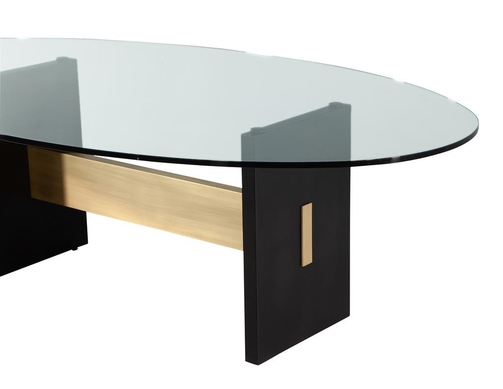 Modern Oval Glass Top Dining Table with Hand Crafted Metal Base For Sale 1