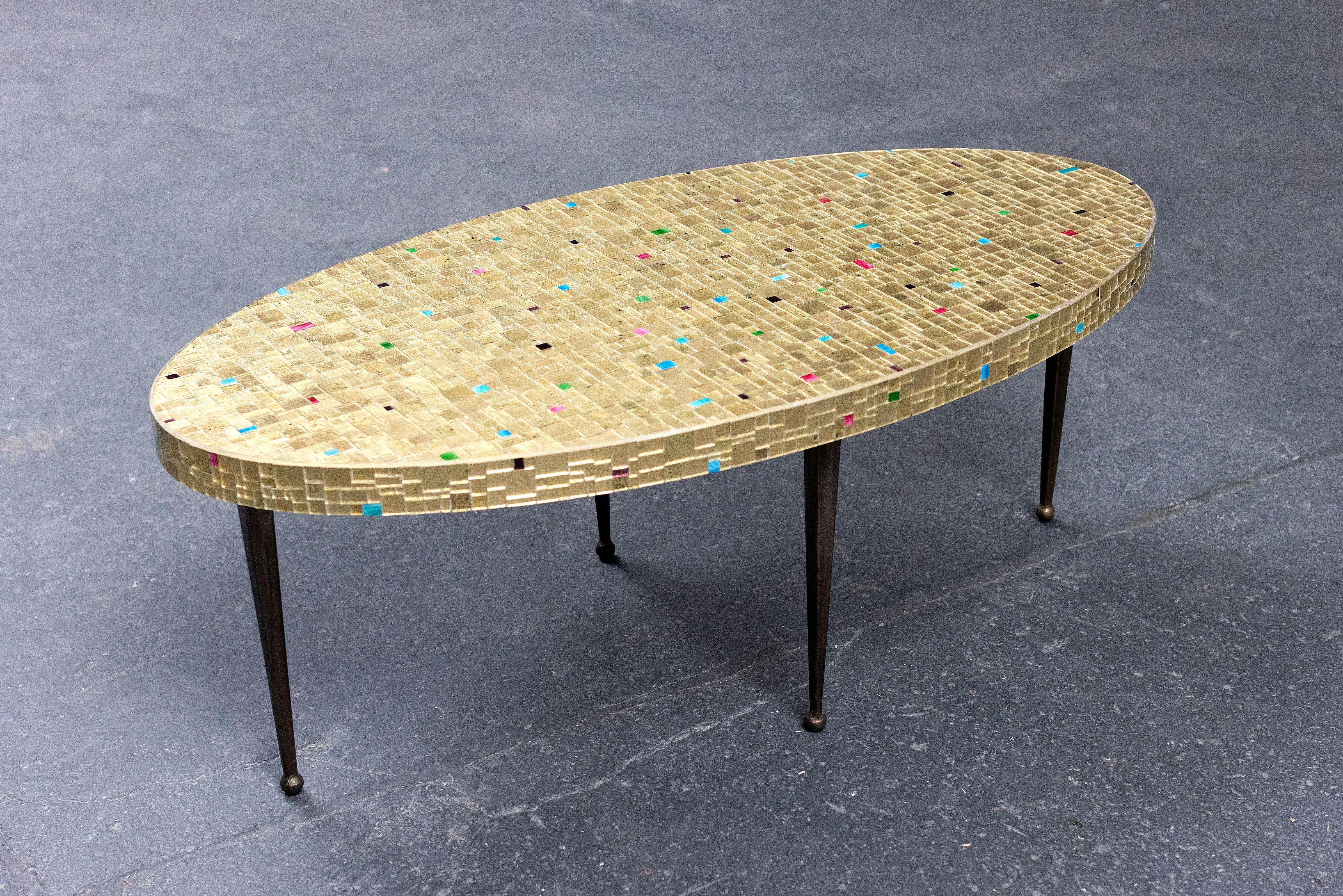 Modern Oval Moon Gold Mosaic Coffee Table with Metal Legs by Ercole Home In New Condition For Sale In Brooklyn, NY
