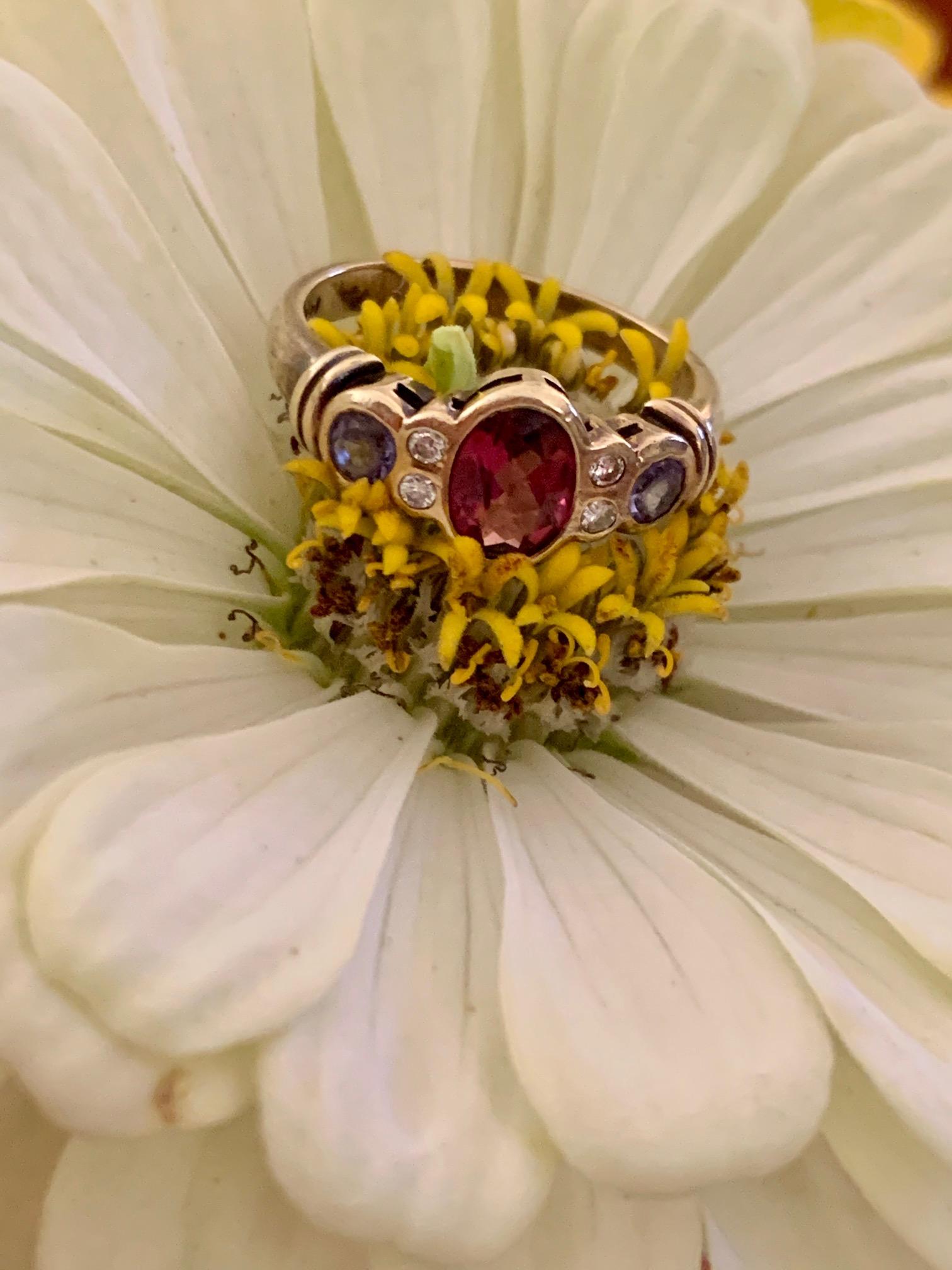 Women's or Men's Modern Oval Rhodolite Garnet, Tanzanite and Diamond 14 Karat Yellow Gold Ring