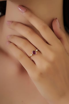 Modern Oval Ruby & Marquise Diamond Three-Stone Bezel Set Ring 18K Yellow Gold