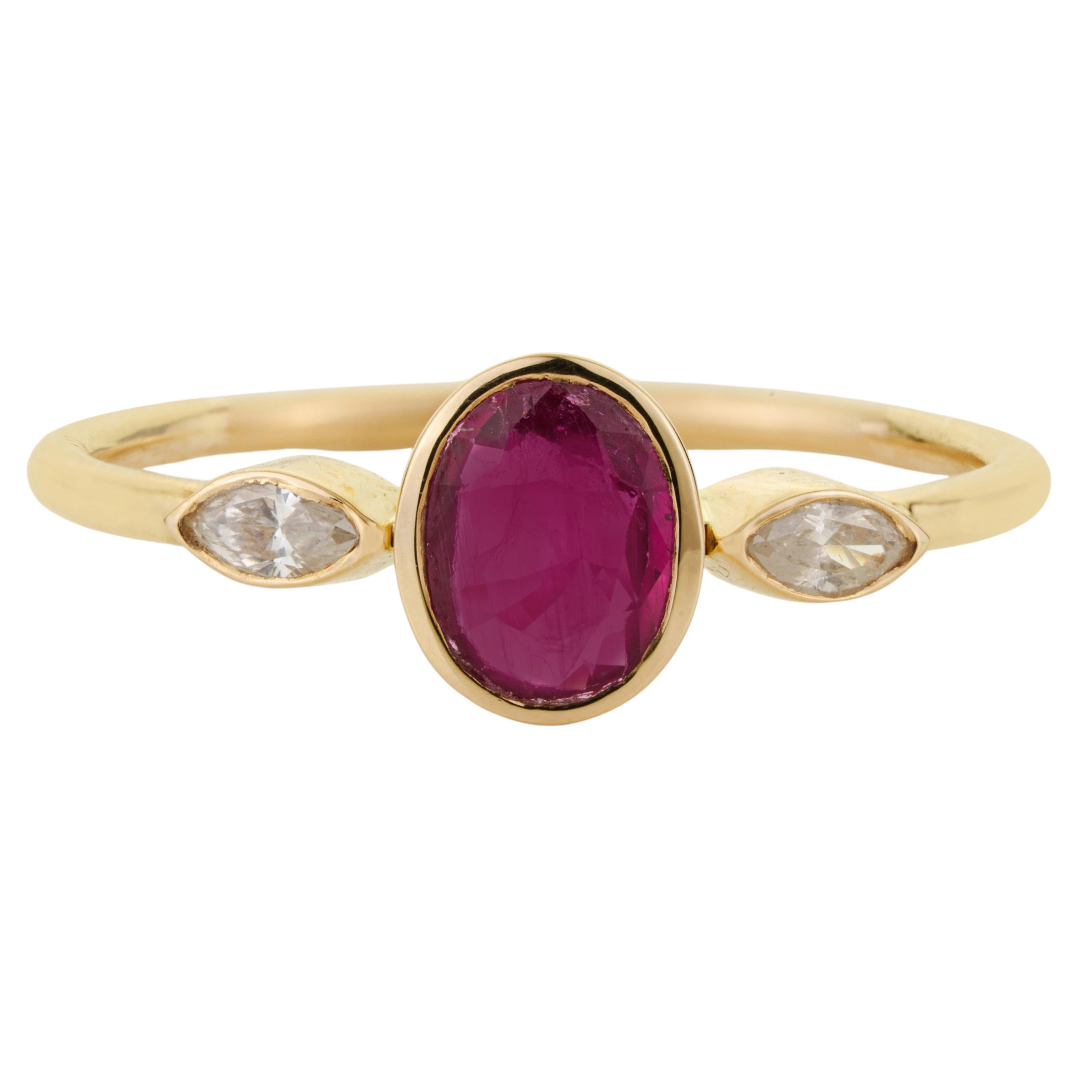 Modern Oval Ruby & Marquise Diamond Three-Stone Bezel Set Ring 18K Yellow Gold