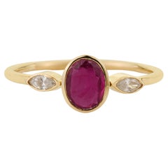 Modern Oval Ruby & Marquise Diamond Three-Stone Bezel Set Ring 18K Yellow Gold