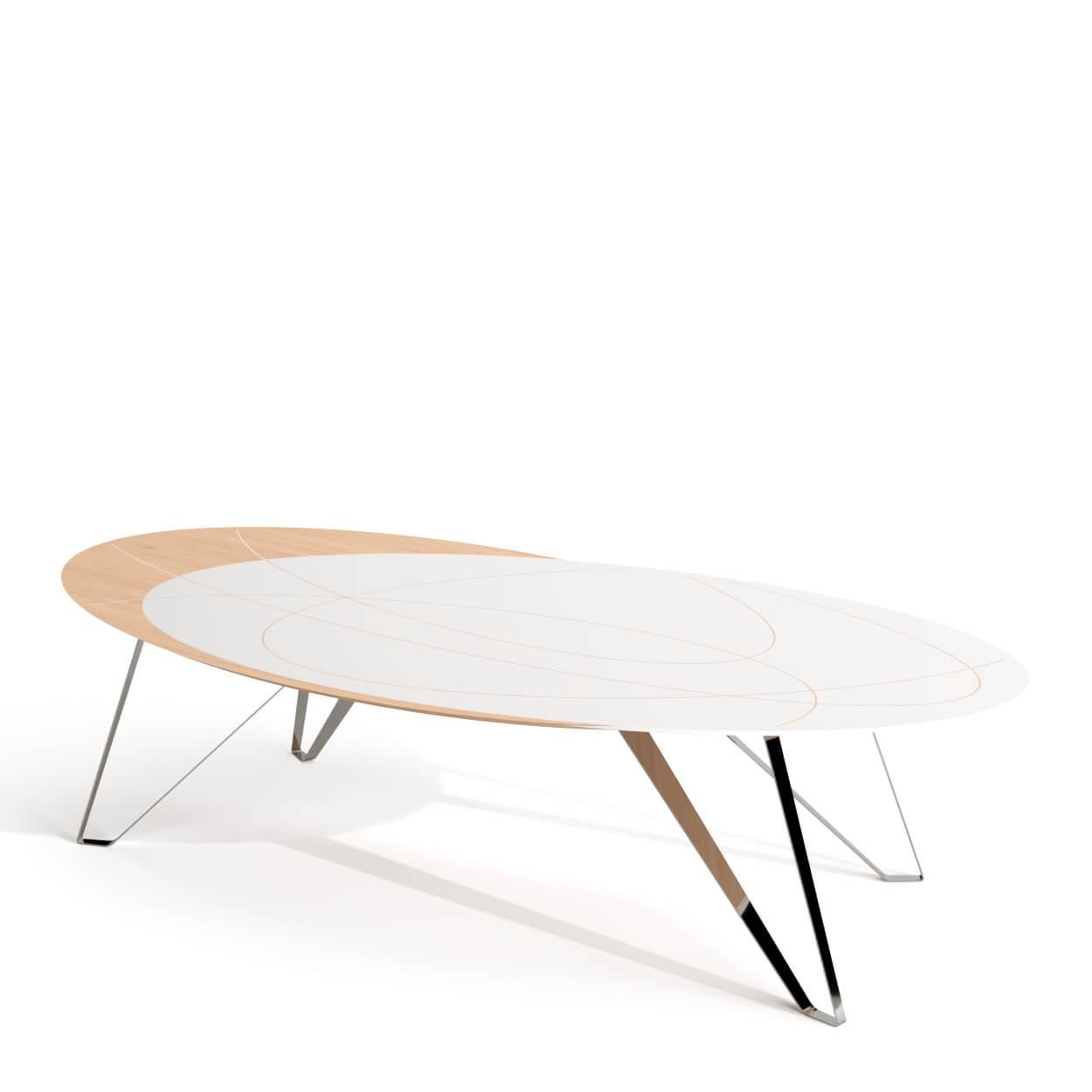 Portugais Table de salle à manger moderne de forme ovale en bois de chêne laqué blanc et acier inoxydable poli en vente