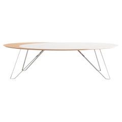 Mesa de Comedor Moderna Ovalada Madera de Roble Laca Blanca Acero Inoxidable Pulido