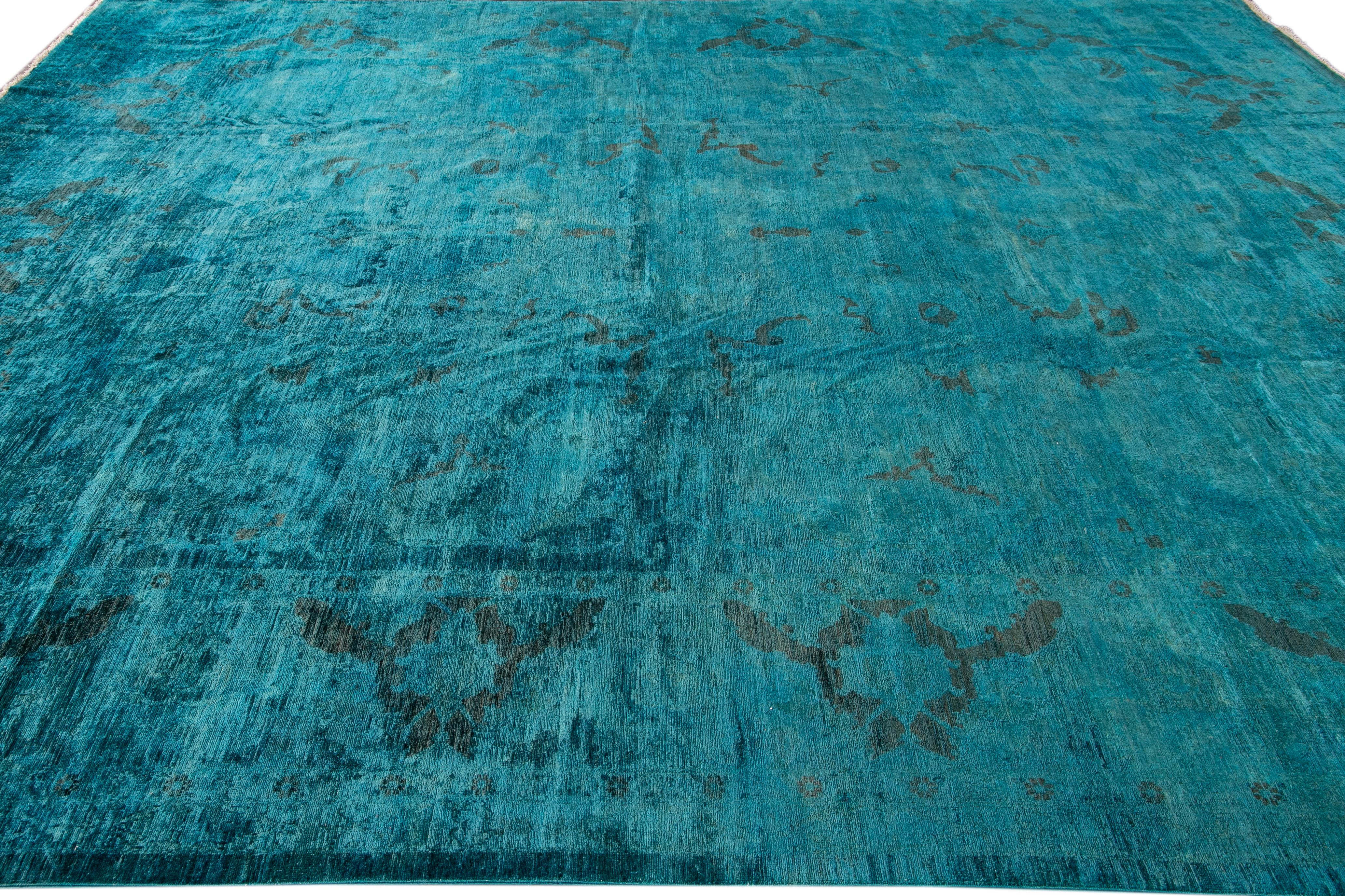 Modern Overdyed Blue Handmade Floral Oversize Wool Rug In New Condition In Norwalk, CT