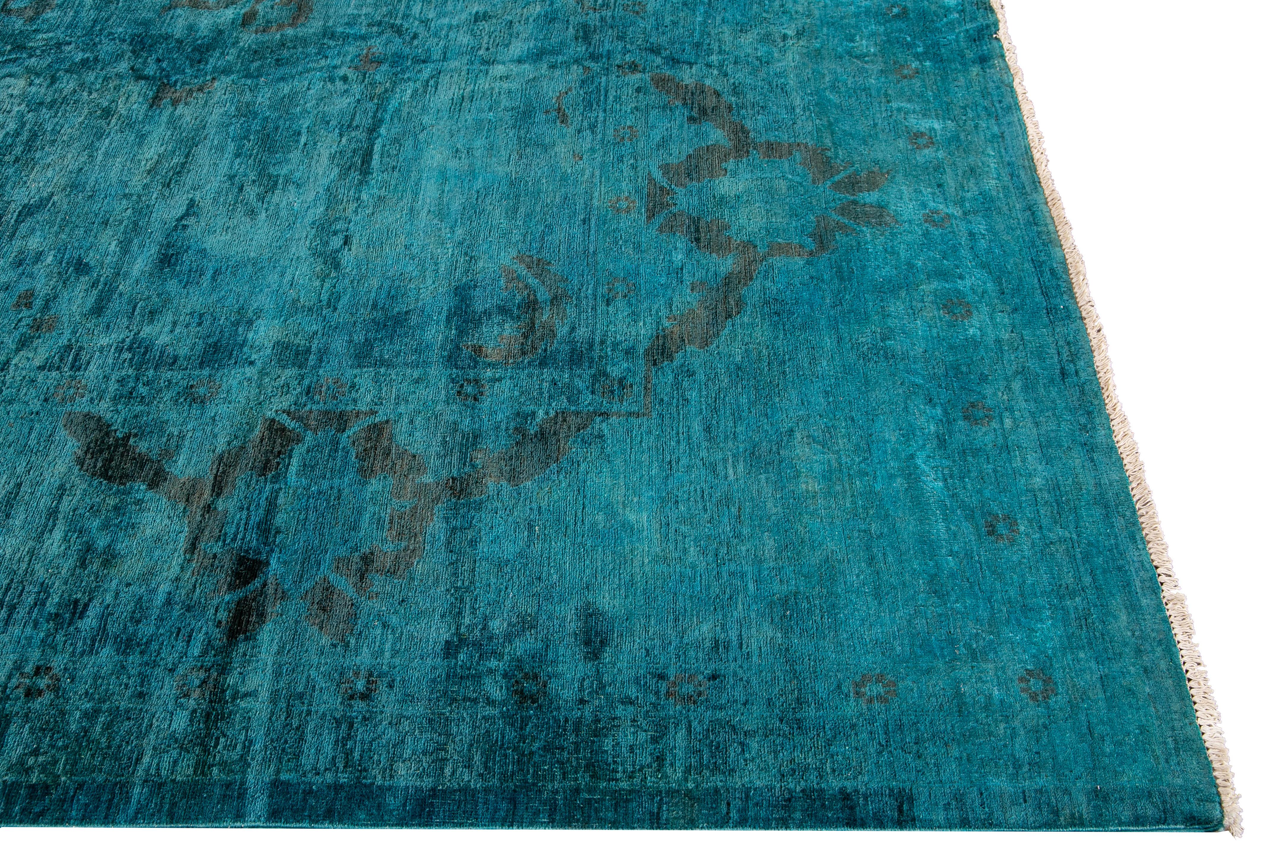 Contemporary Modern Overdyed Blue Handmade Floral Oversize Wool Rug