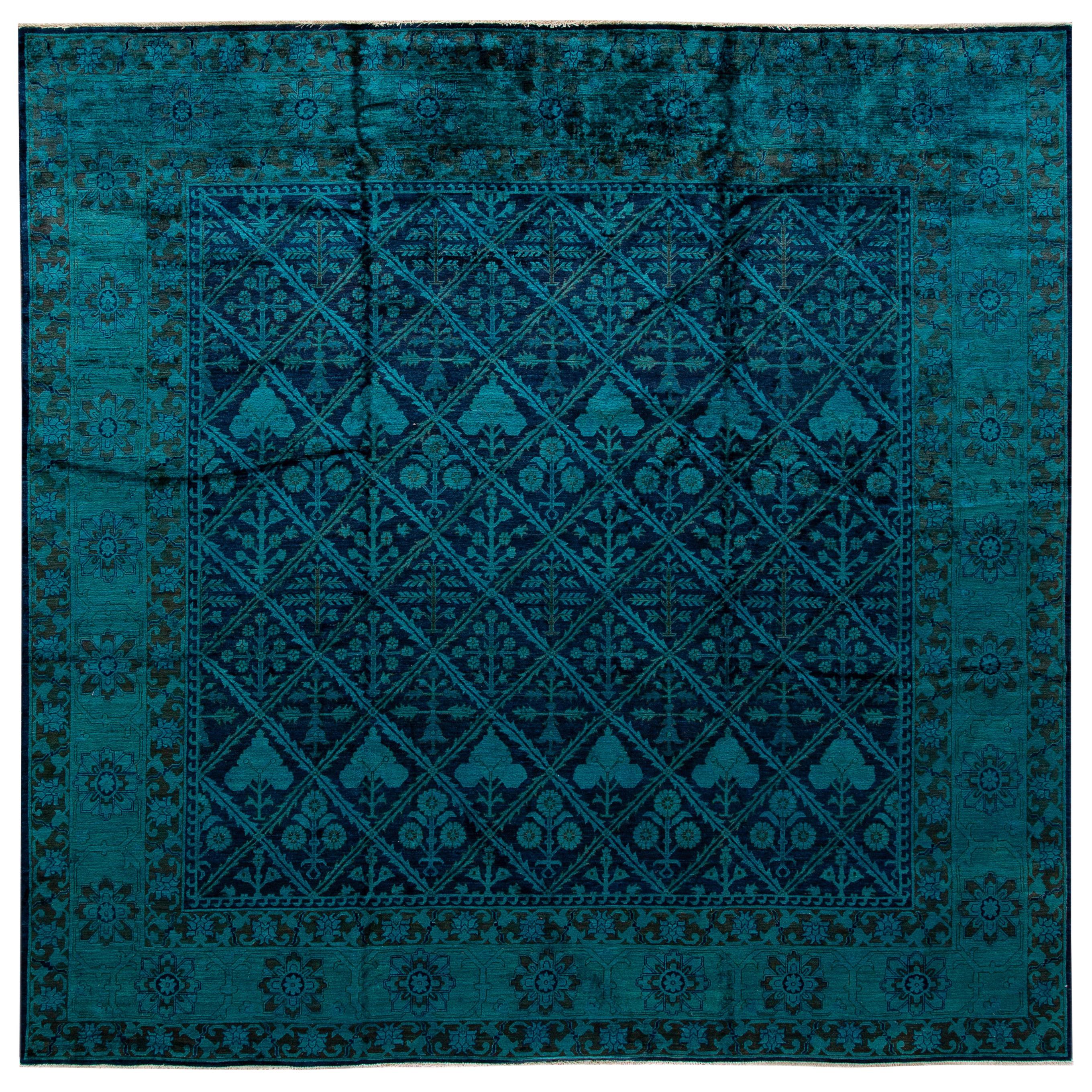 Modern Overdyed Blue Handmade Geometric Floral Pattern Square Wool Rug For Sale at 1stDibs