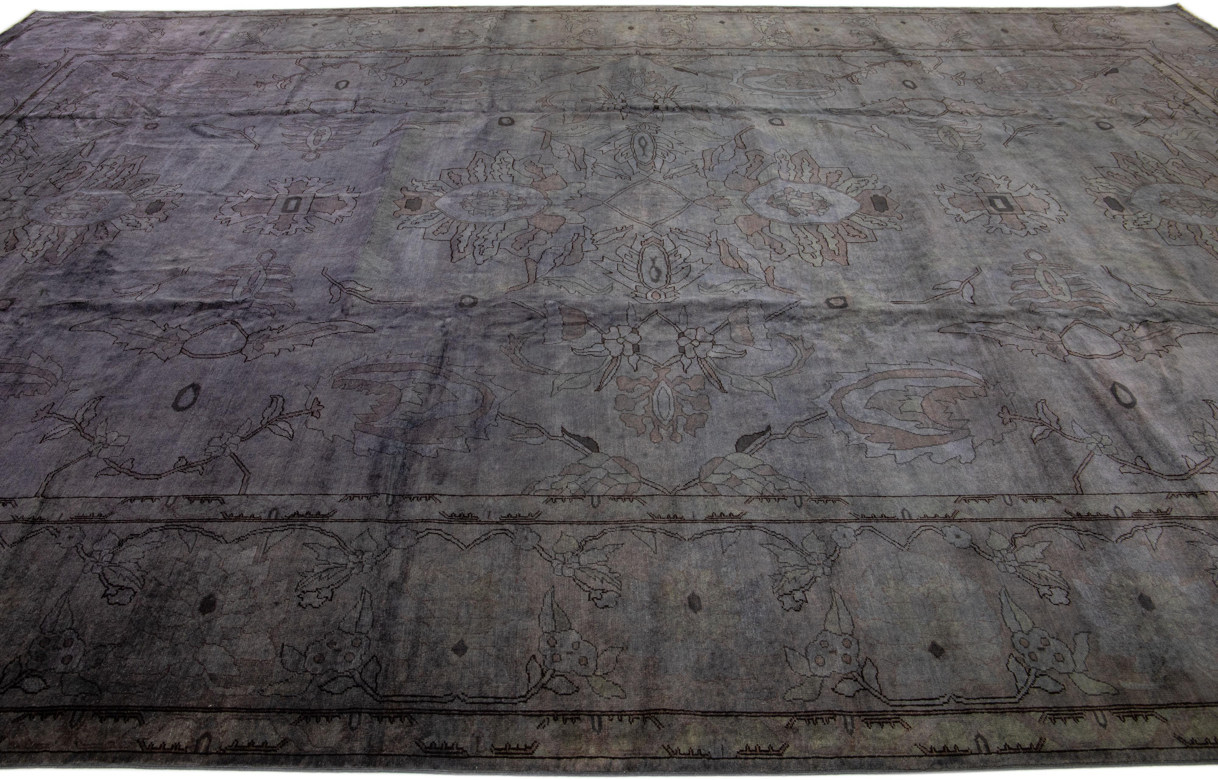 Pakistani Modern Overdyed Gray Handmade Floral Oversize Wool Rug For Sale