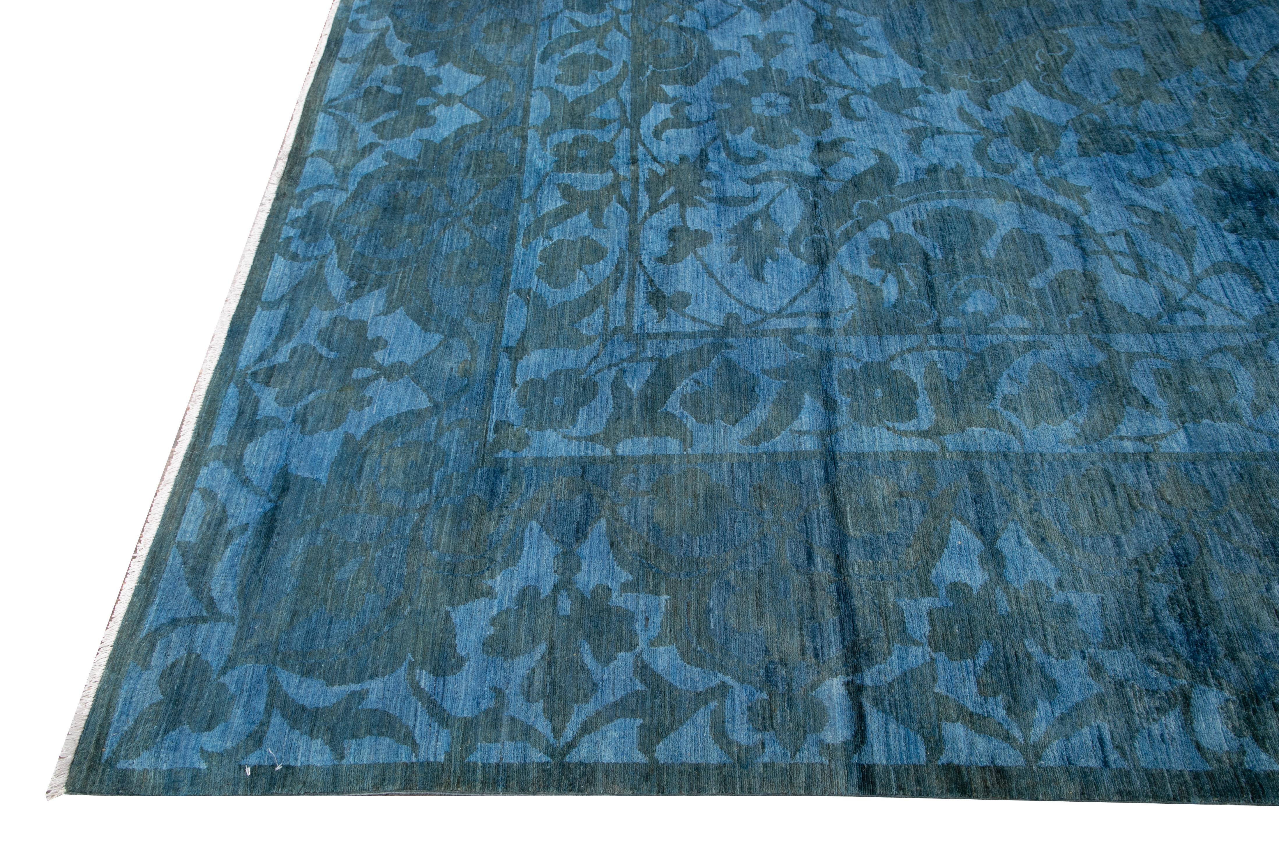 Pakistani Modern Overdyed Handmade Blue Wool Rug For Sale