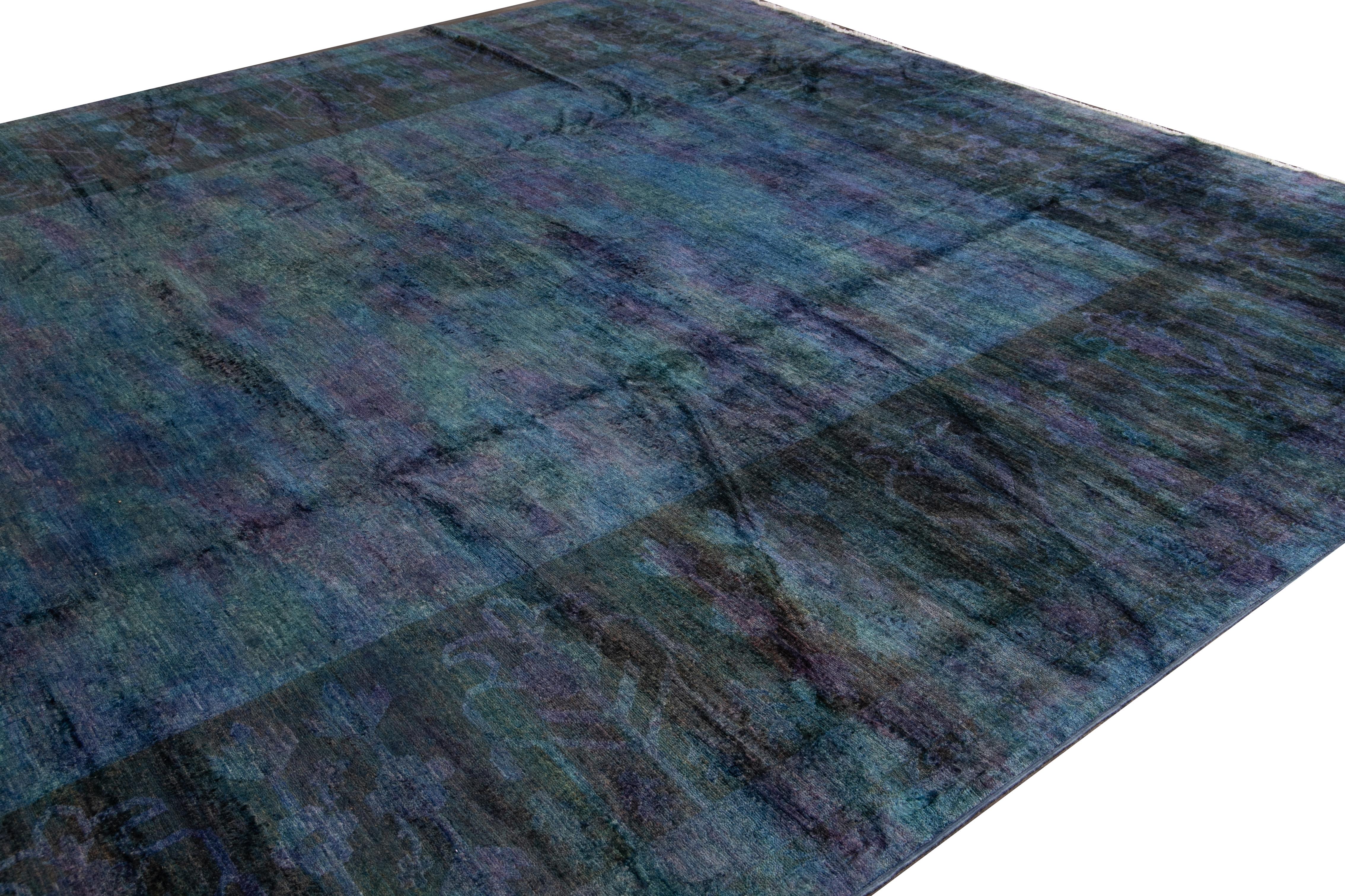 Hand-Knotted Modern Overdyed Handmade Blue Wool Rug For Sale
