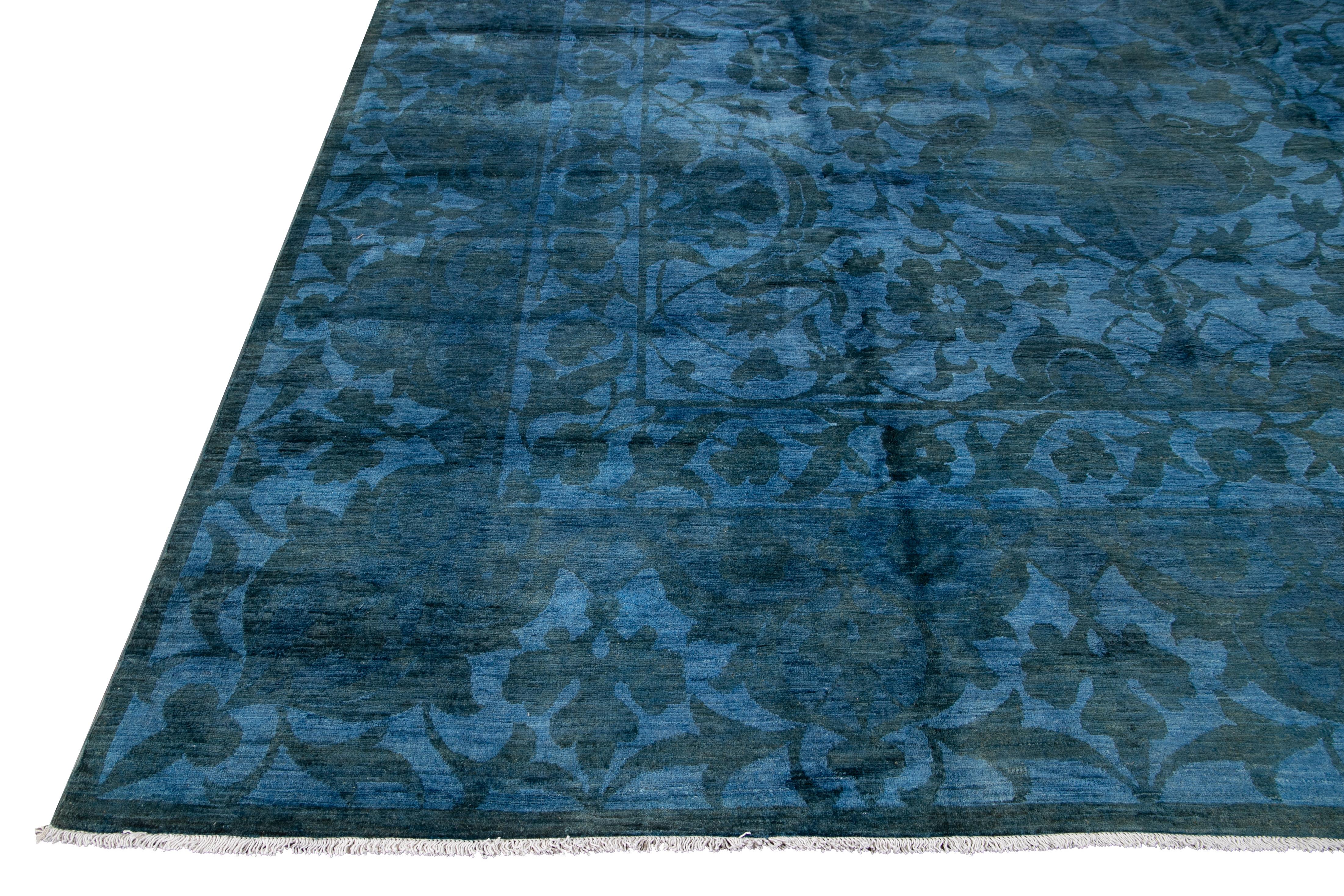 Modern Overdyed Handmade Blue Wool Rug For Sale 1