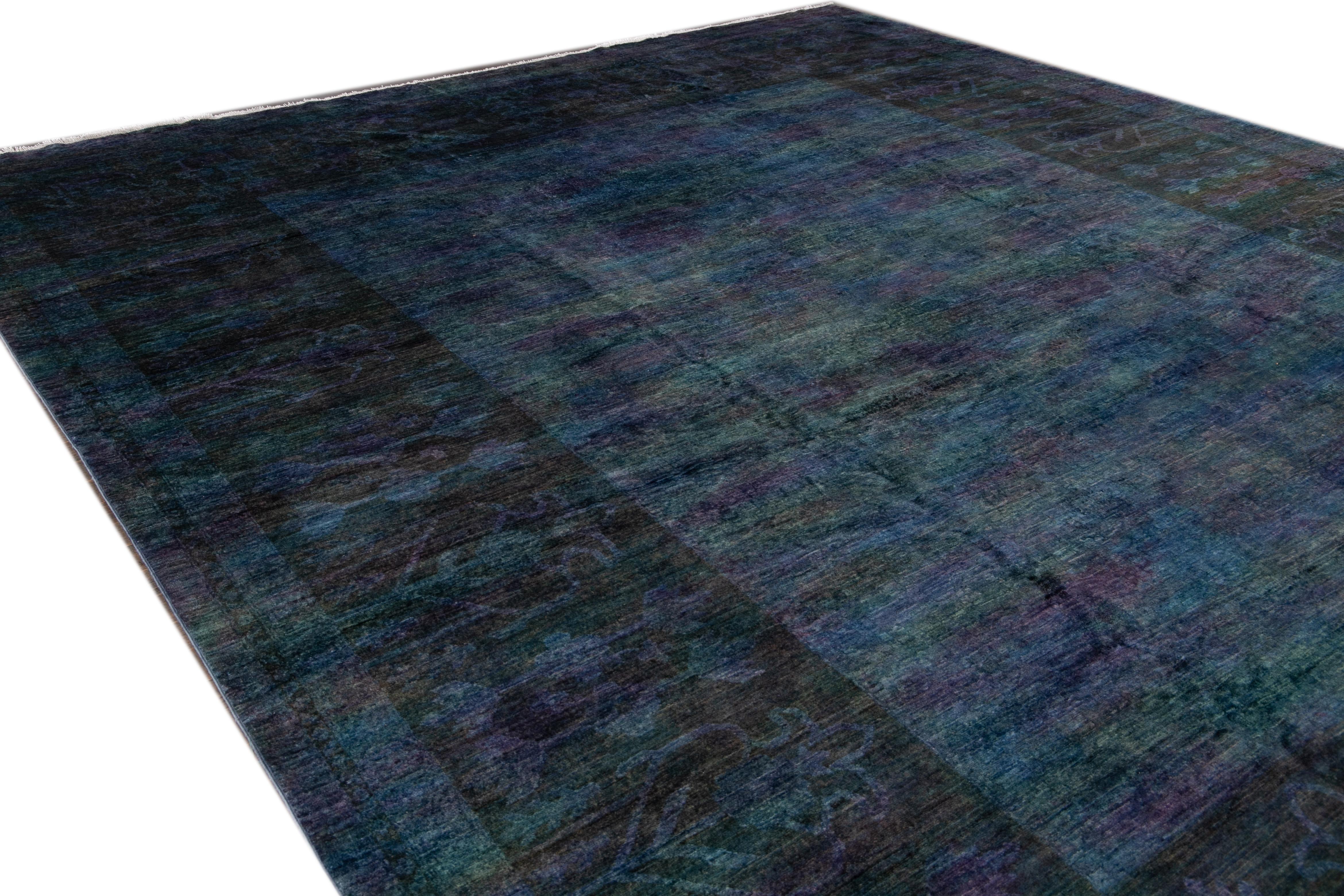 Contemporary Modern Overdyed Handmade Blue Wool Rug For Sale