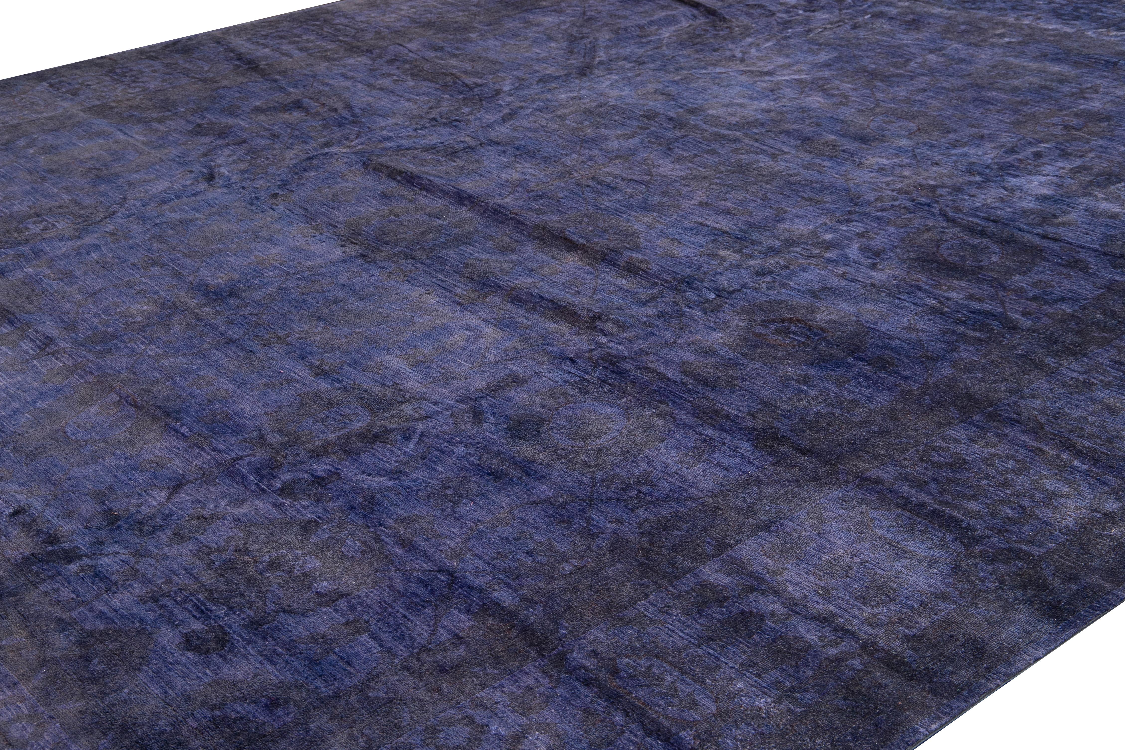 Hand-Knotted Modern Overdyed Purple Handmade Floral Oversize Wool Rug For Sale