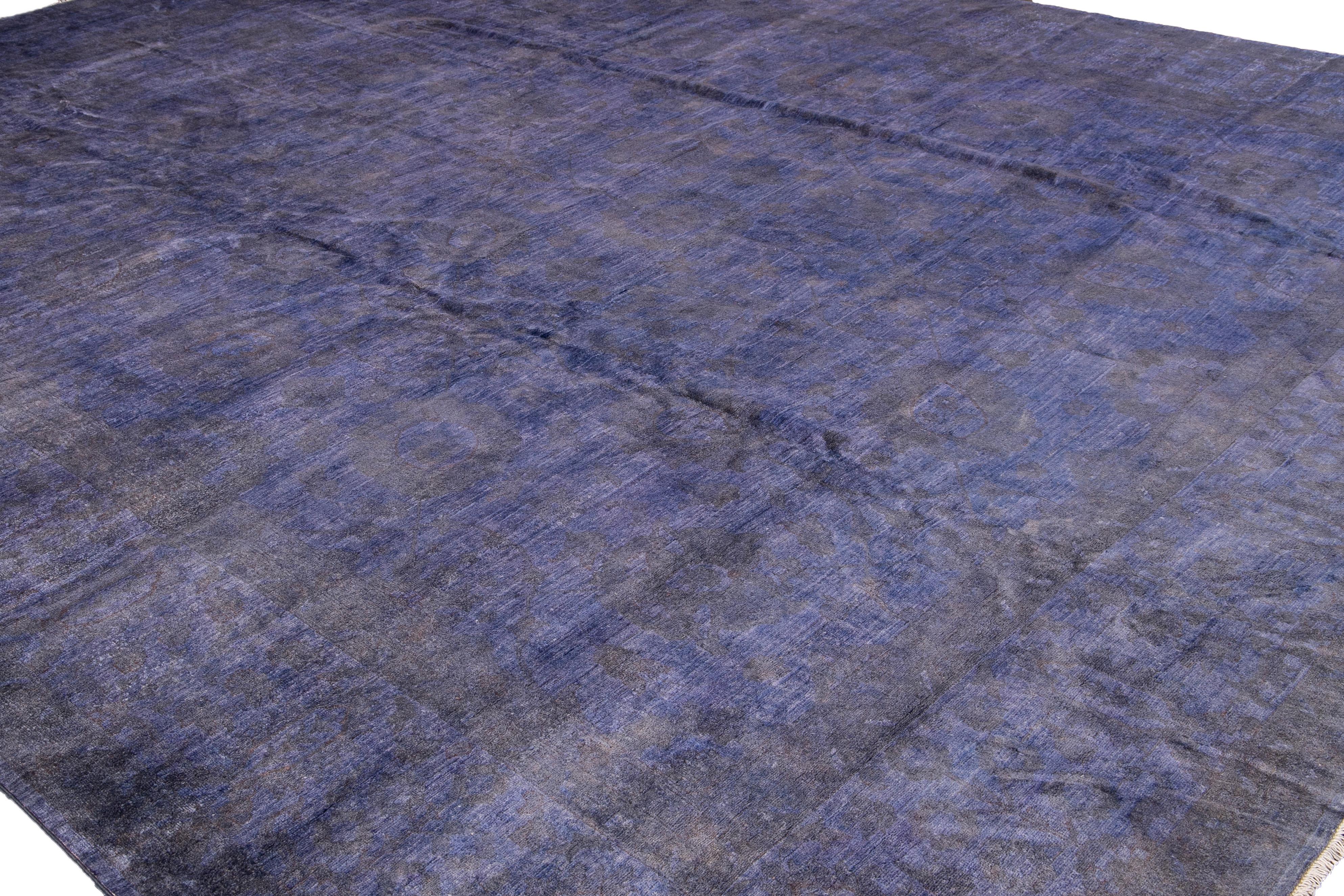 Modern Overdyed Purple Handmade Floral Oversize Wool Rug For Sale 2