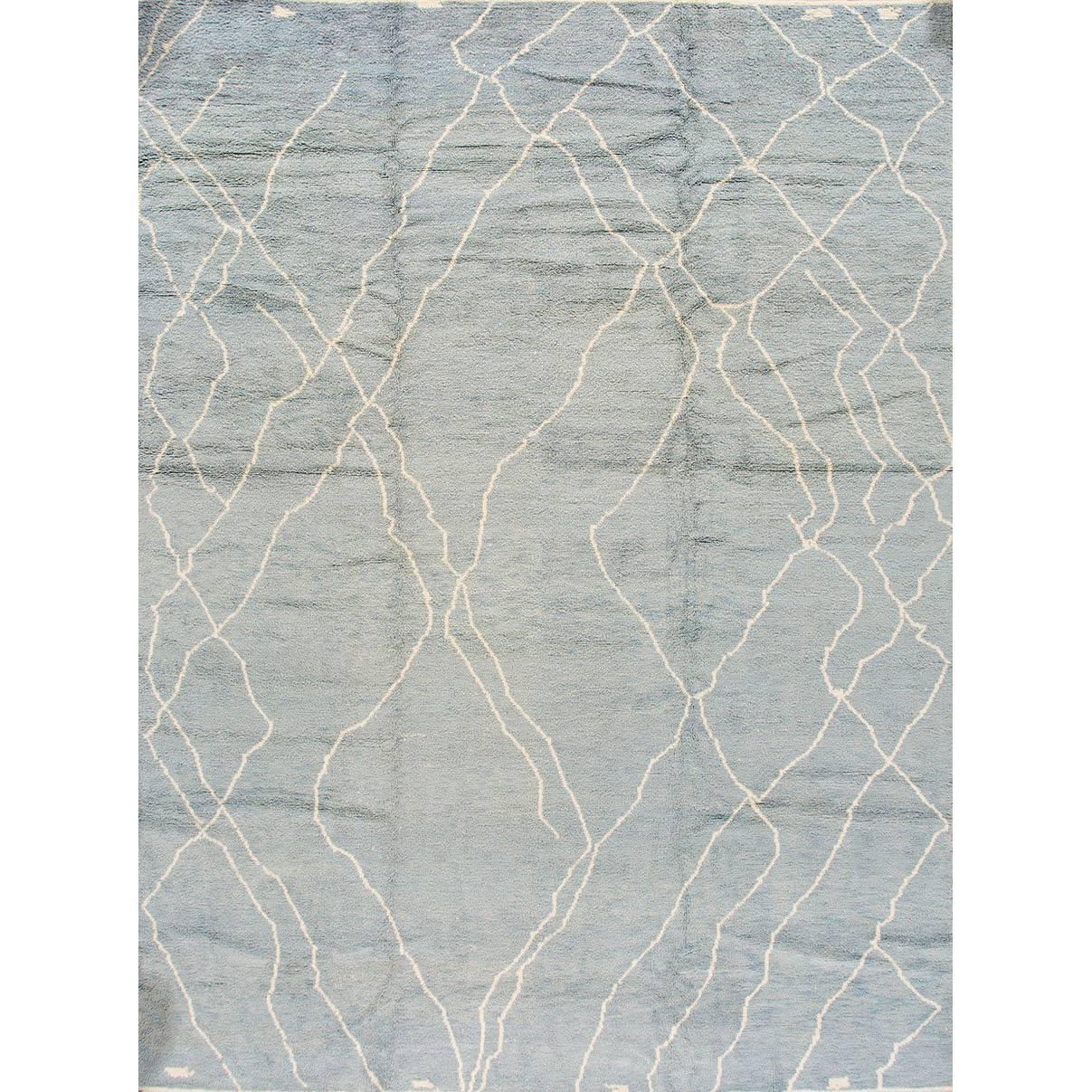 Modern Oversize Blue and Ivory Moroccan-Style Rug