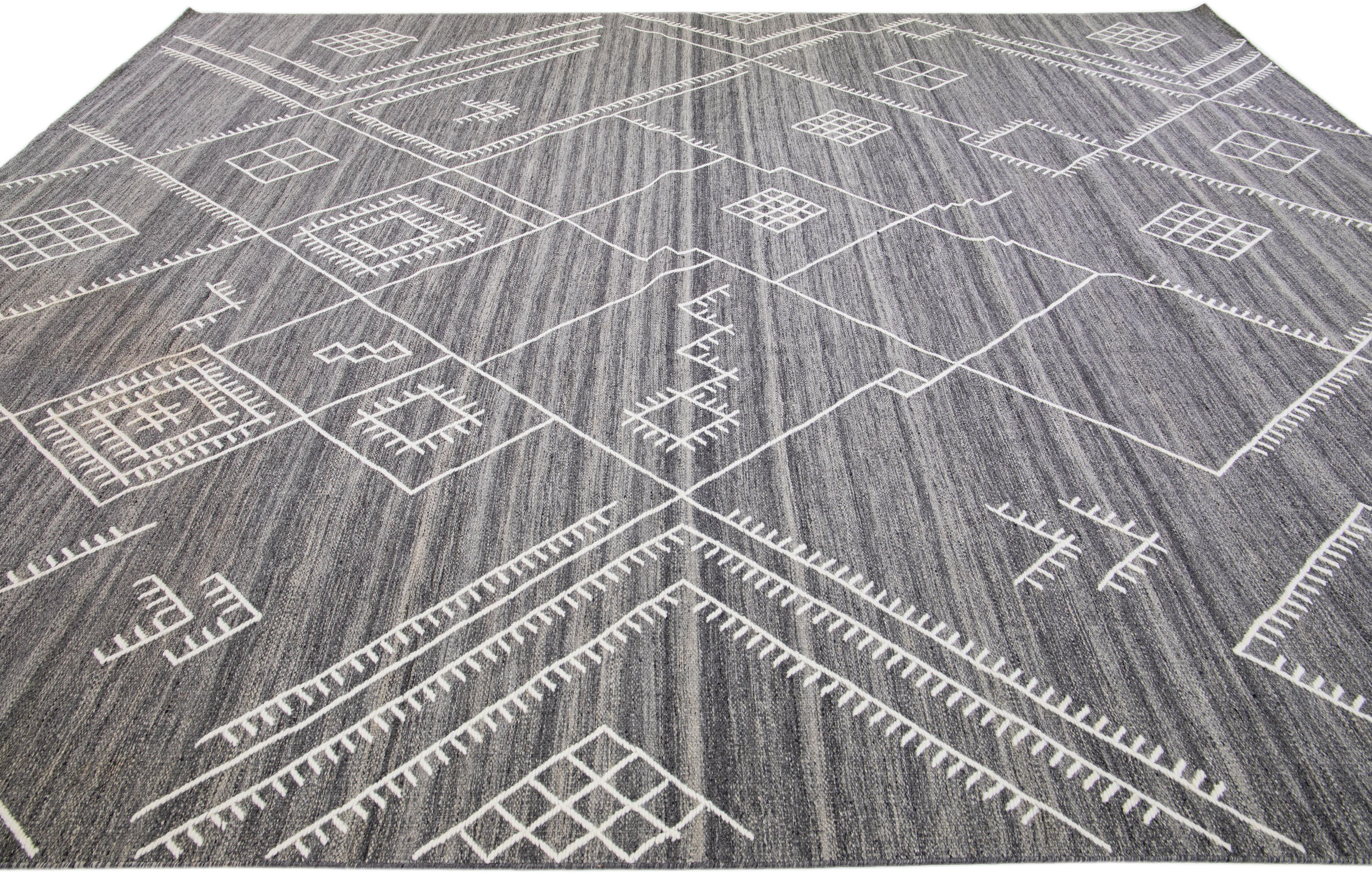 Modern Oversize Flatweave Kilim Wool Rug with White Geometric Motif by Apadana In New Condition For Sale In Norwalk, CT