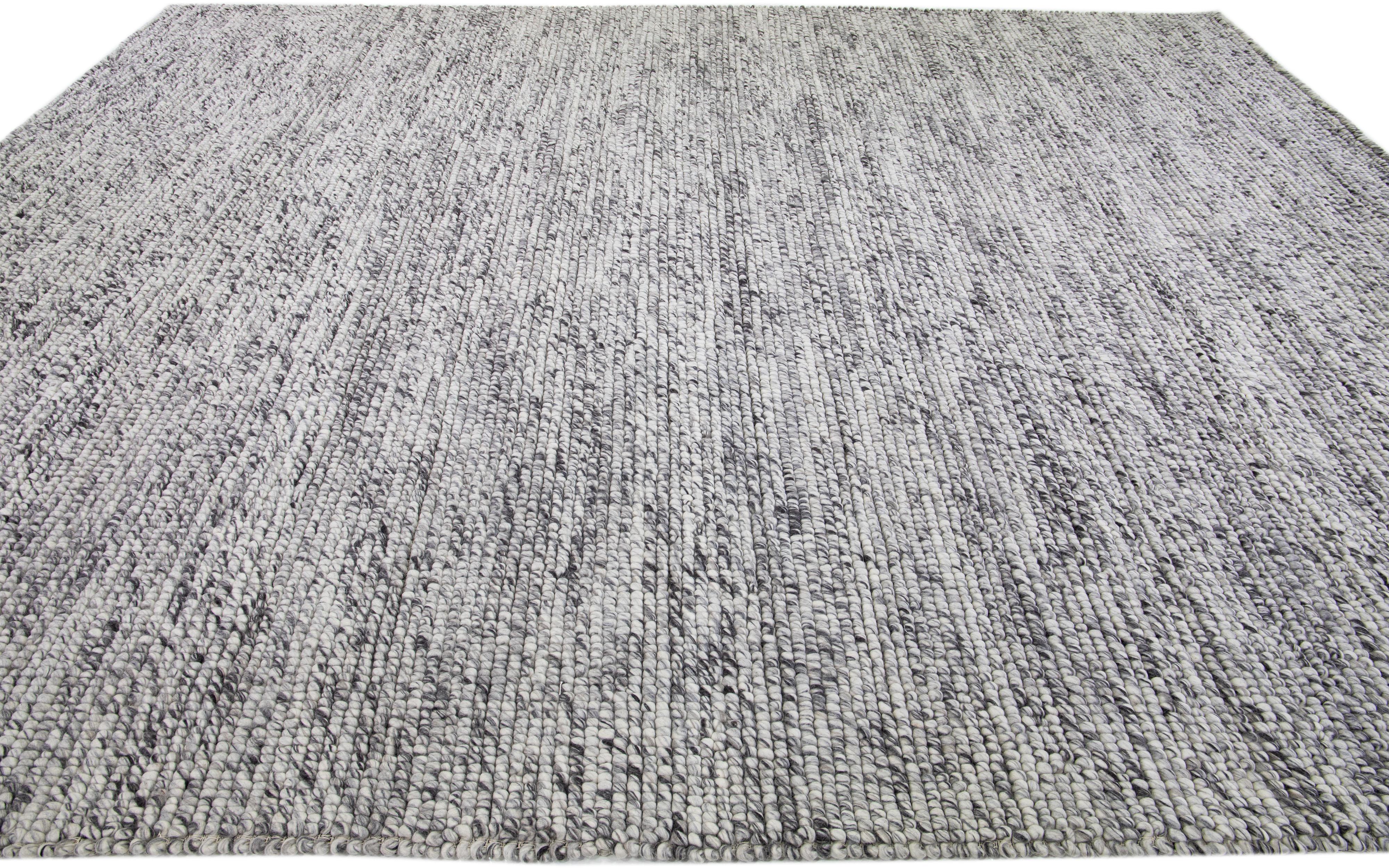 Indian Modern Oversize Handmade Felted Wool Rug In Gray Color By Apadana For Sale