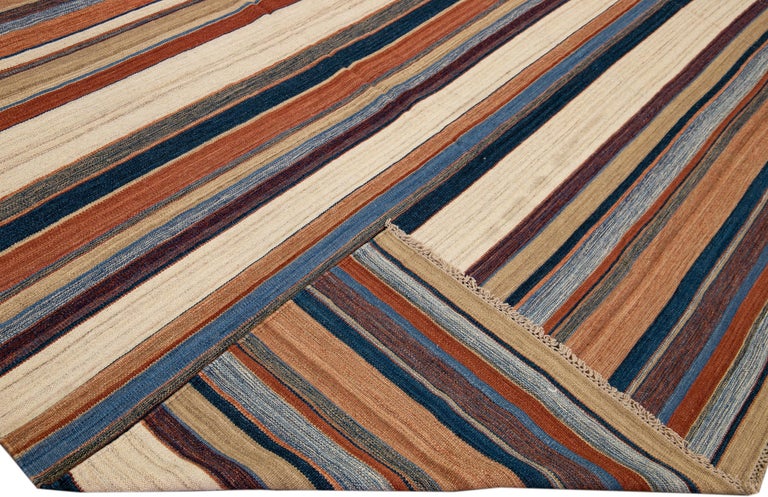 Modern Oversize Kilim Handmade Earthy Tones Striped Pattern Wool Rug ...