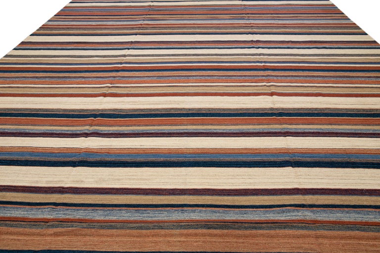 Modern Oversize Kilim Handmade Earthy Tones Striped Pattern Wool Rug ...
