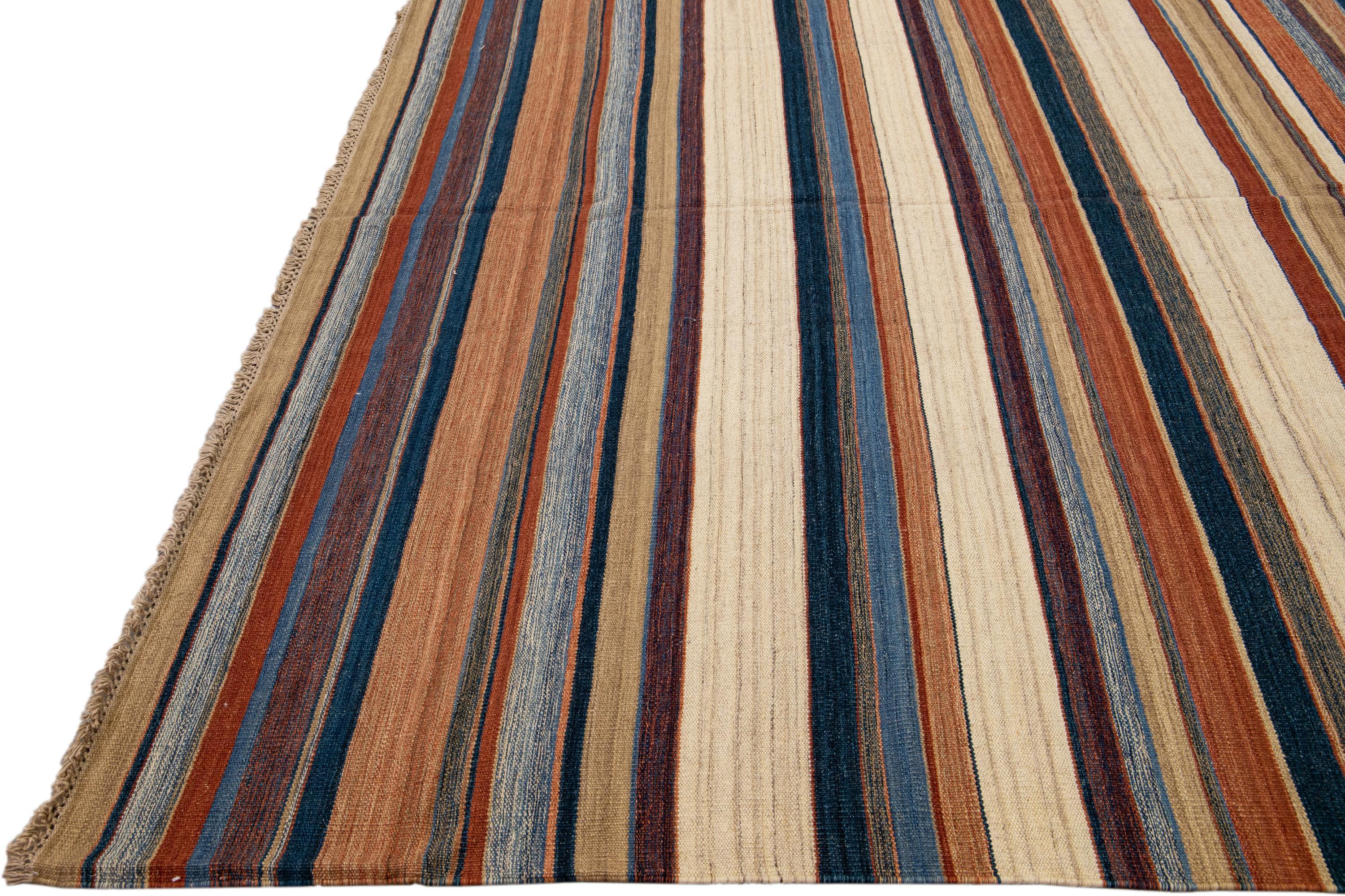 Hand-Knotted Modern Oversize Kilim Handmade Earthy Tones Striped Pattern Wool Rug For Sale