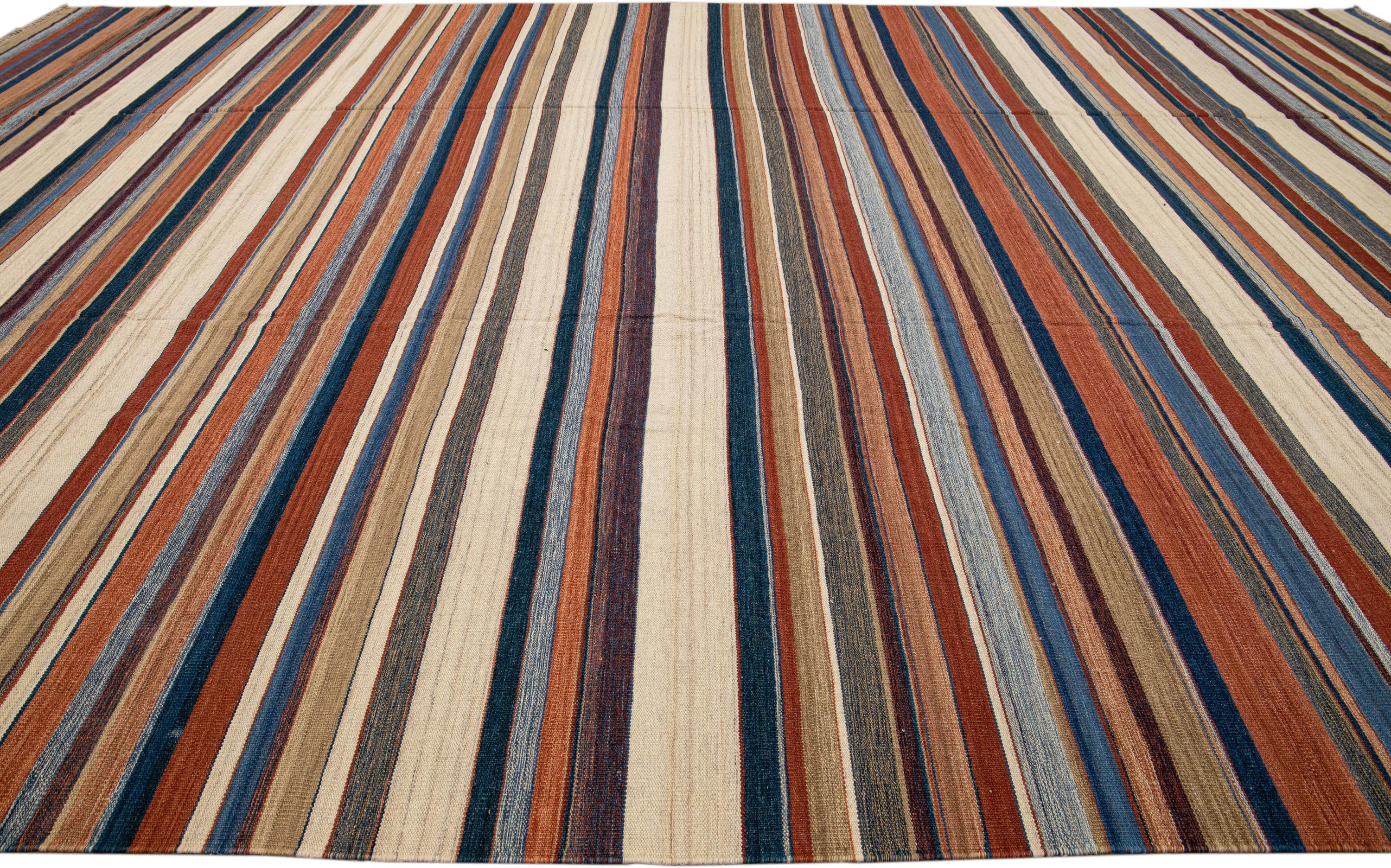 Modern Oversize Kilim Handmade Earthy Tones Striped Pattern Wool Rug In New Condition For Sale In Norwalk, CT