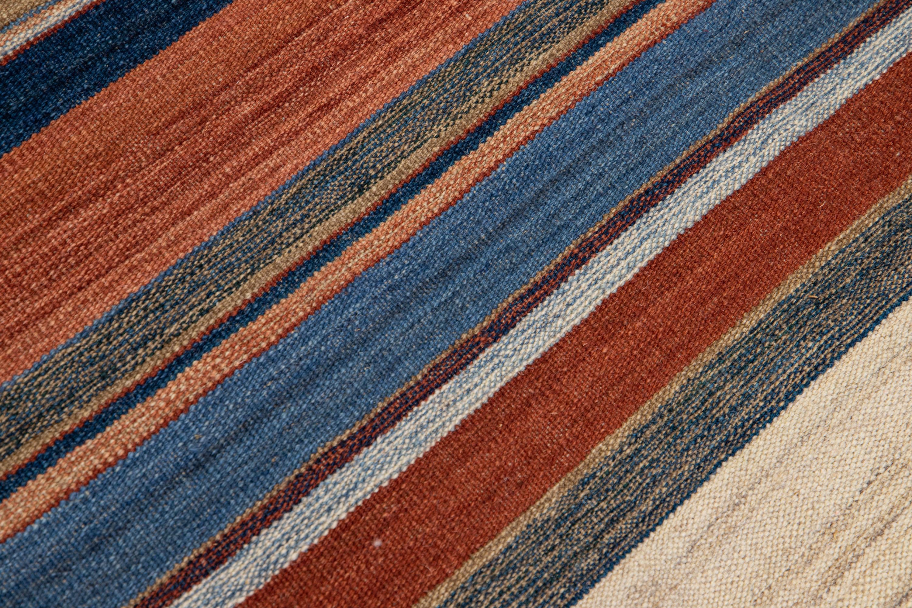 Modern Oversize Kilim Handmade Earthy Tones Striped Pattern Wool Rug For Sale 1