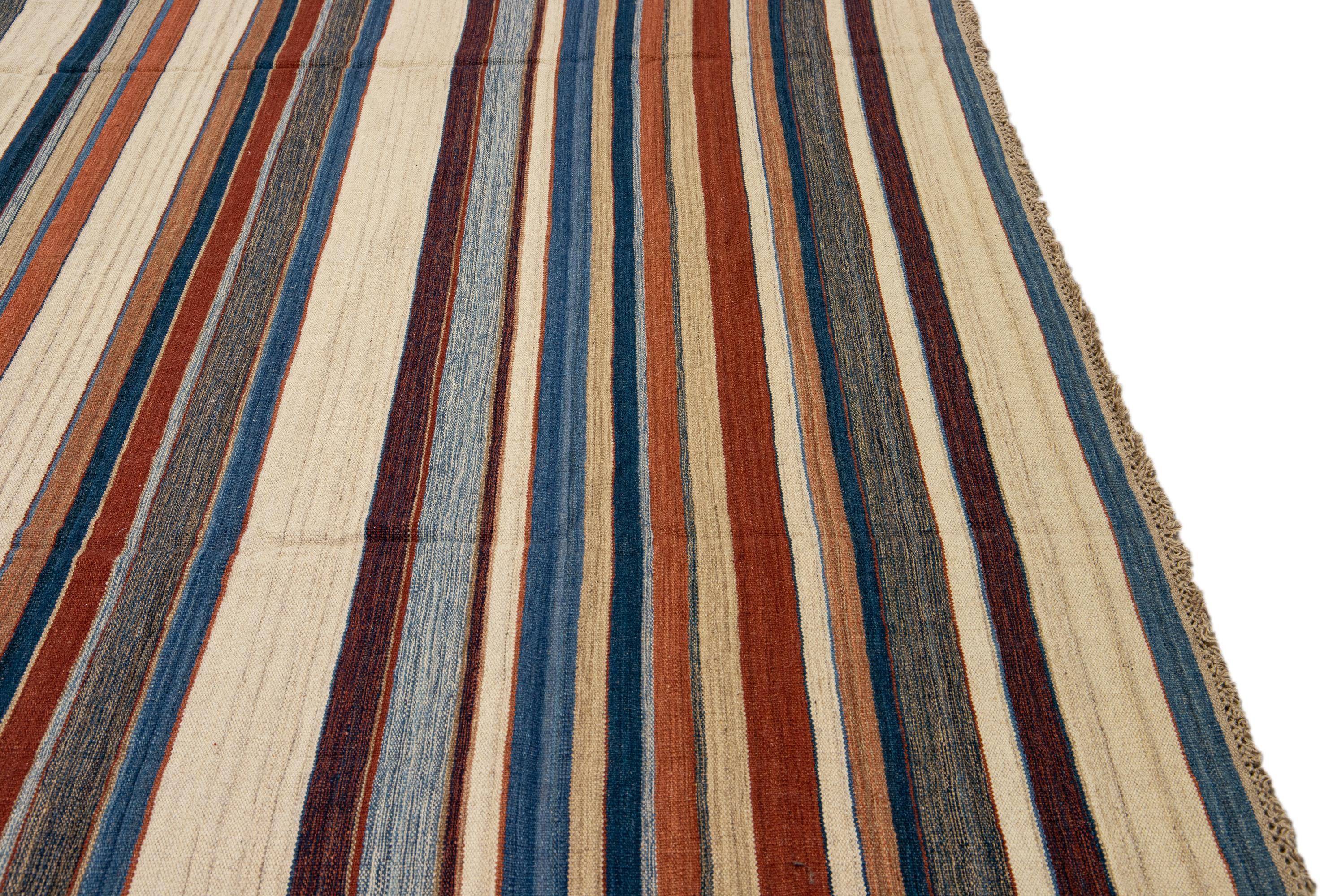 Modern Oversize Kilim Handmade Earthy Tones Striped Pattern Wool Rug For Sale 2