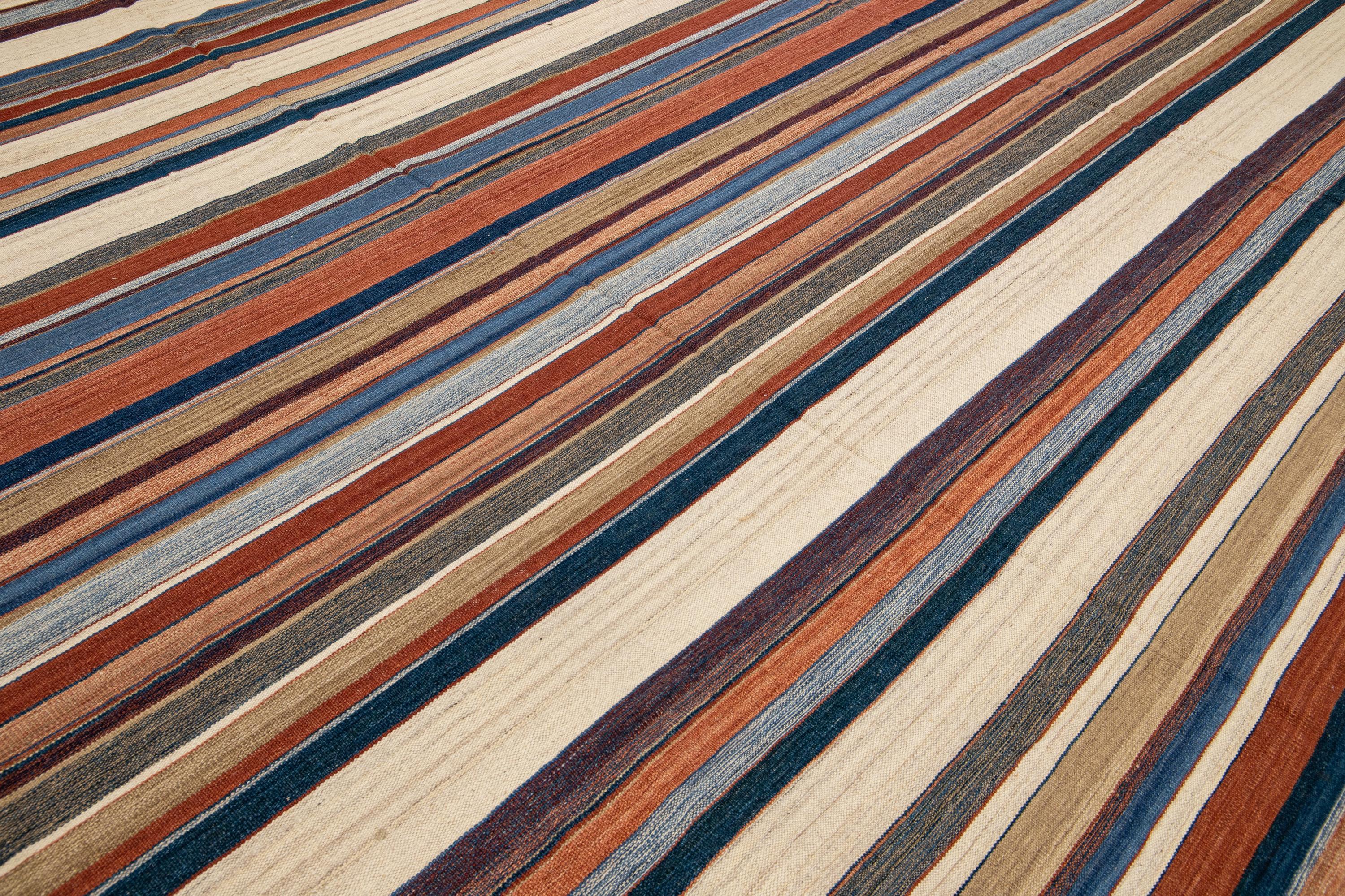 Modern Oversize Kilim Handmade Earthy Tones Striped Pattern Wool Rug For Sale 3