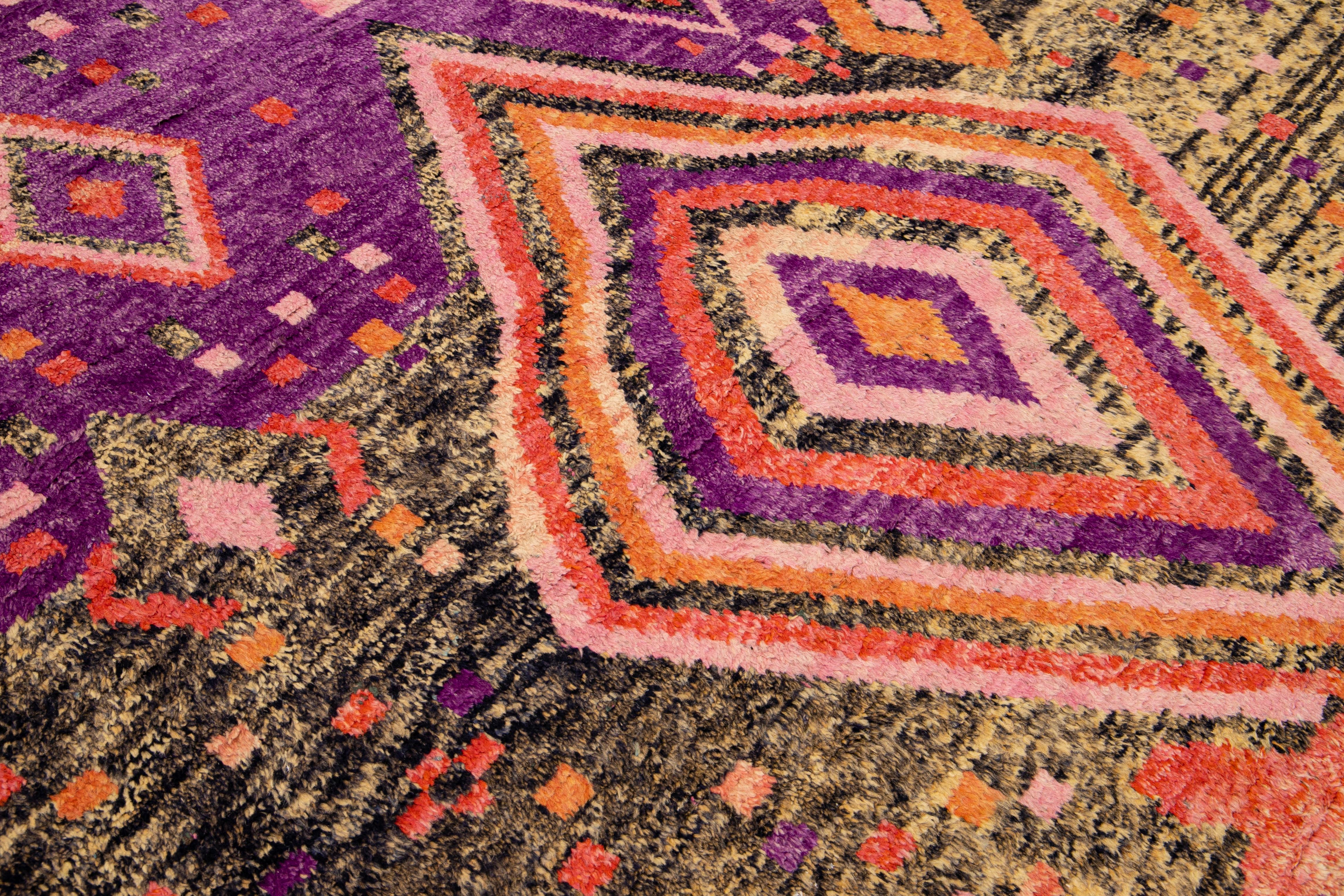 Modern Oversize Moroccan Style Handmade Purple and Peach Boho Designed Wool Rug For Sale 2
