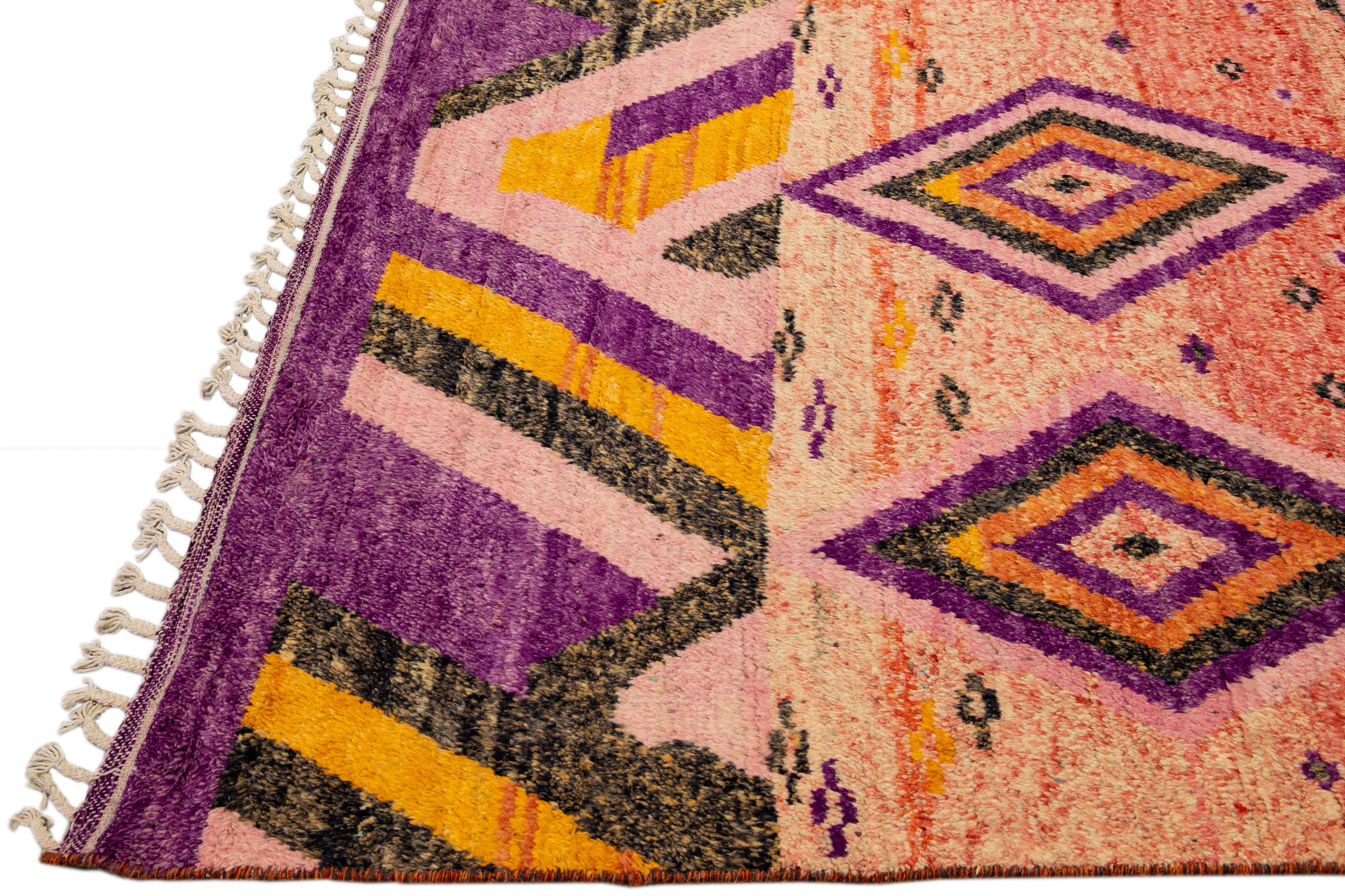 Bohemian Modern Oversize Moroccan Style Handmade Purple and Peach Boho Designed Wool Rug For Sale