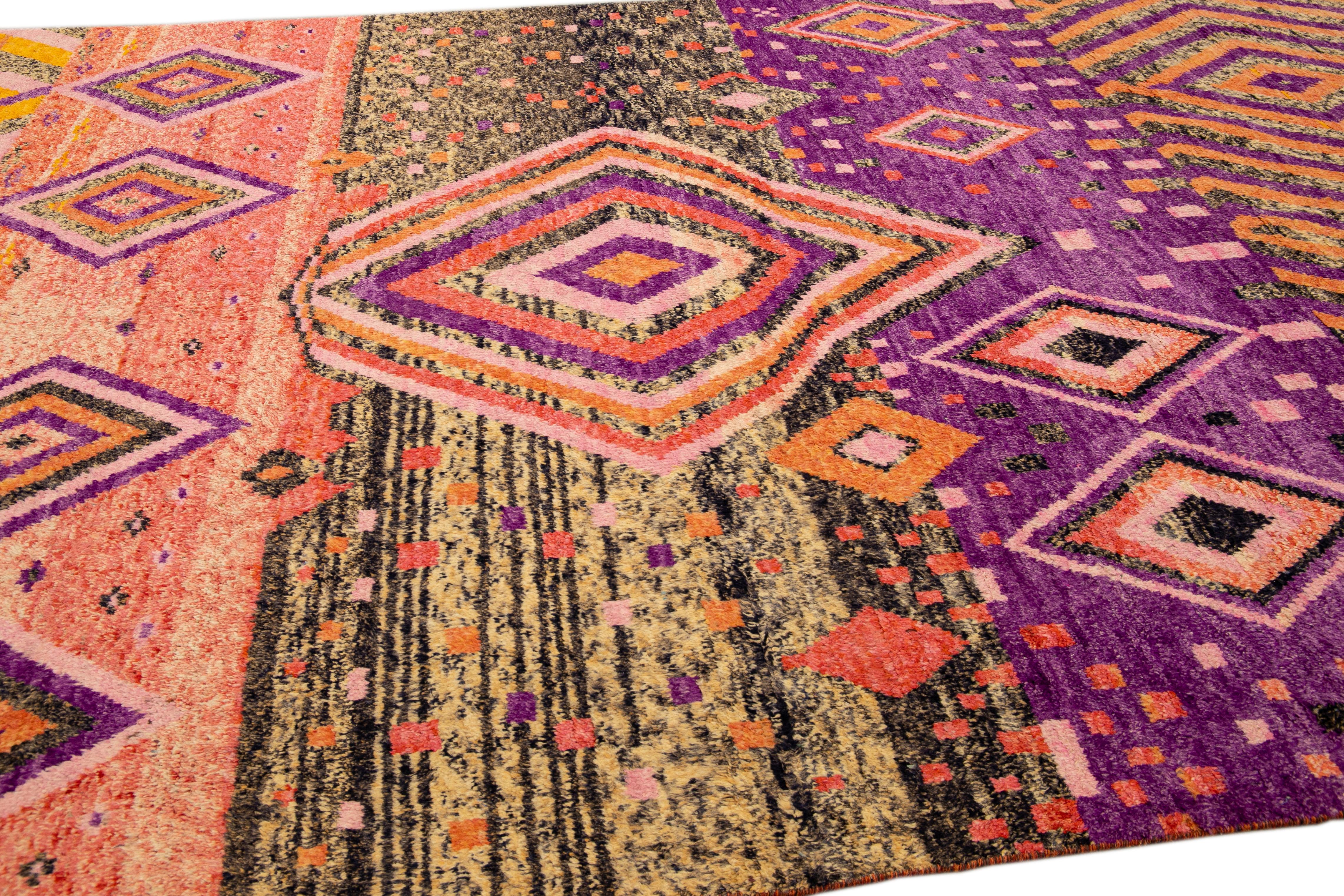 Pakistani Modern Oversize Moroccan Style Handmade Purple and Peach Boho Designed Wool Rug For Sale