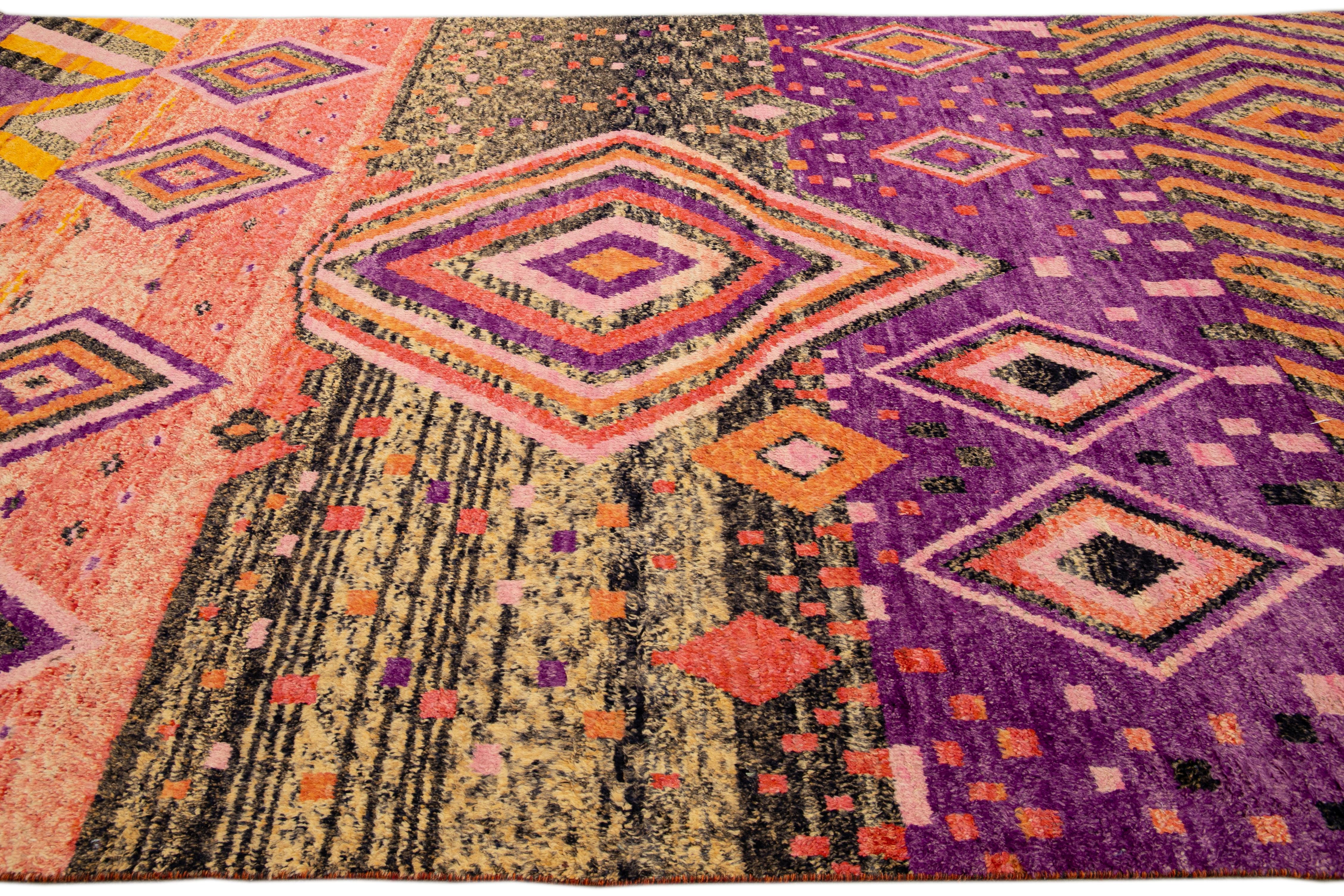 Hand-Knotted Modern Oversize Moroccan Style Handmade Purple and Peach Boho Designed Wool Rug For Sale