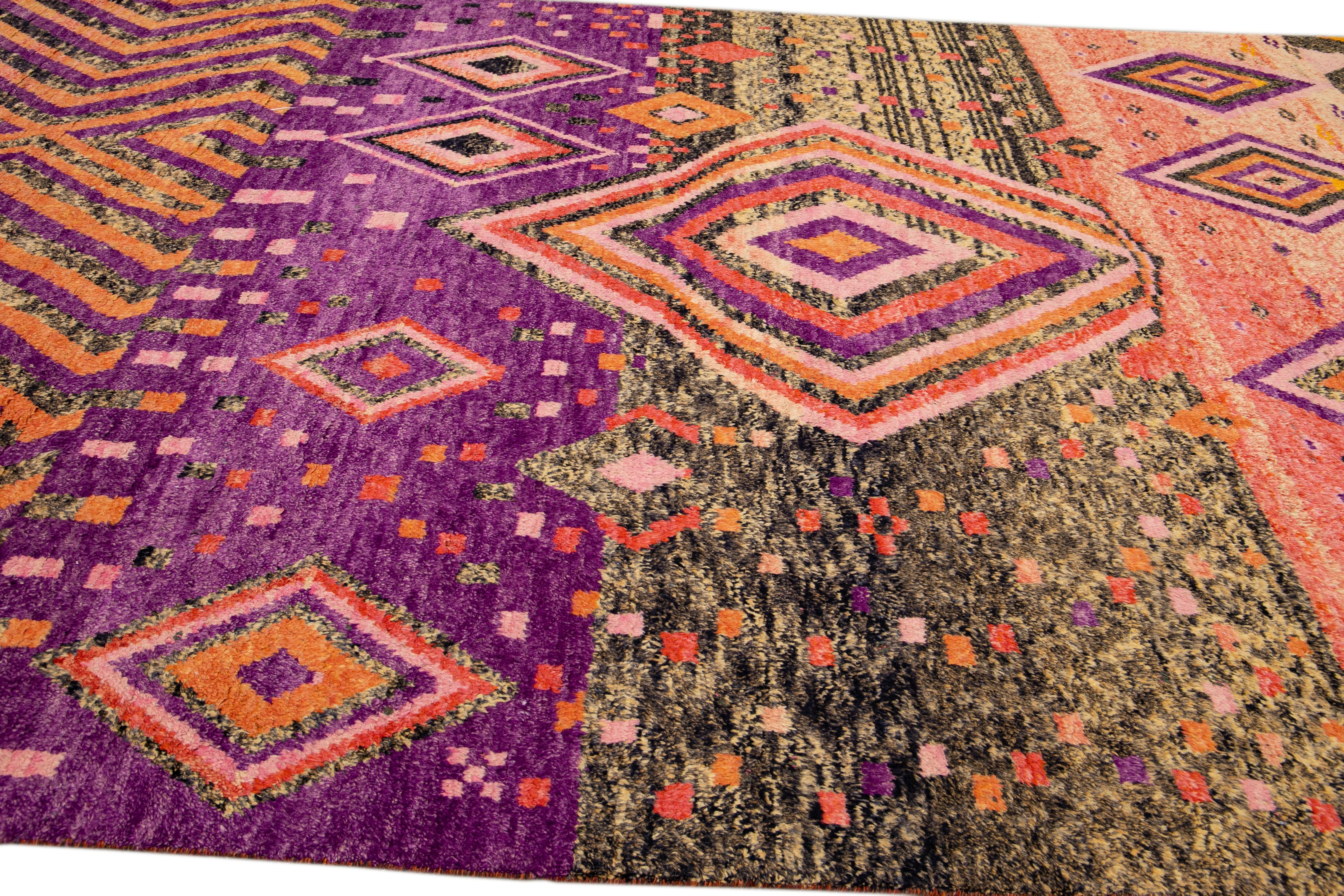 Contemporary Modern Oversize Moroccan Style Handmade Purple and Peach Boho Designed Wool Rug For Sale