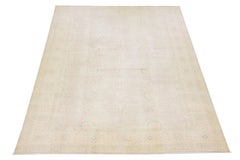Modern Oversize Oushak Style Handmade Beige Wool Rug With Floral Pattern