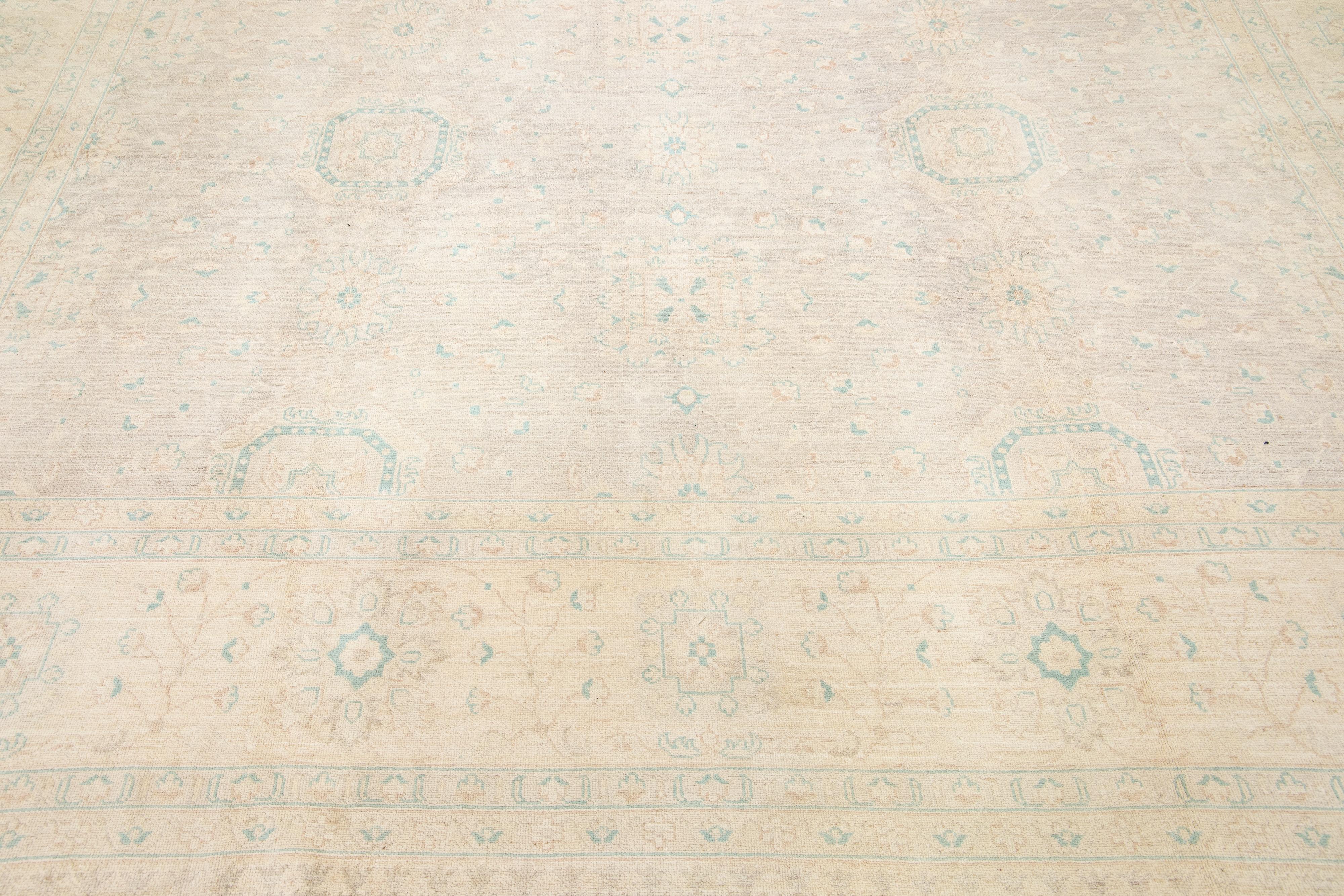 Contemporary Modern Oversize Oushak Style Handmade Beige Wool Rug With Floral Pattern For Sale
