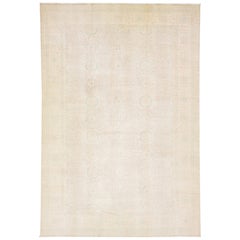Modern Oversize Oushak Style Handmade Beige Wool Rug With Floral Pattern