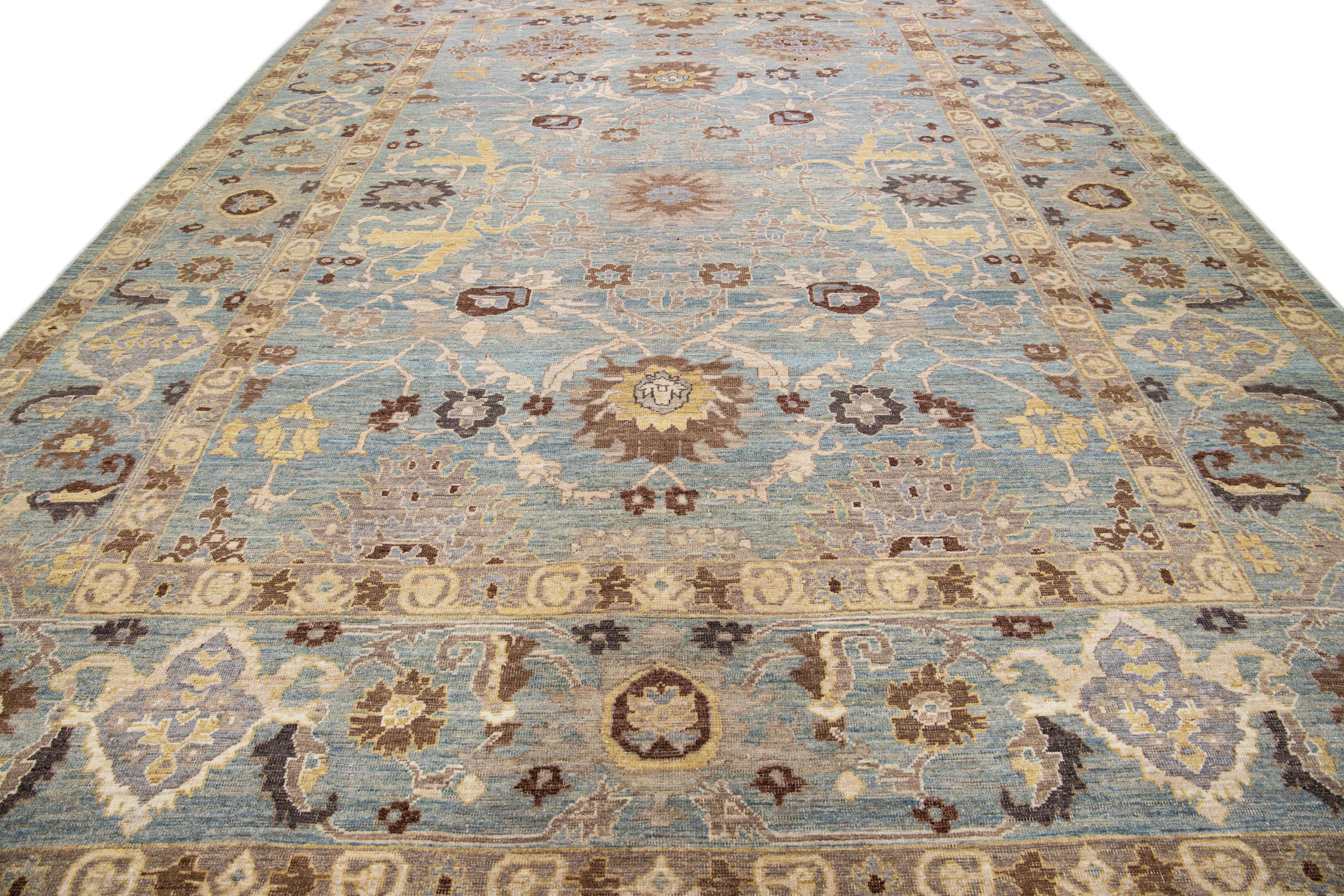 Persian Modern Oversize Sultanabad Handmade Floral Blue Wool Rug For Sale